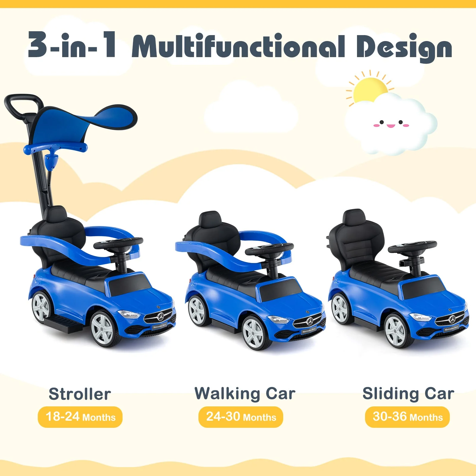 3-in-1 Ride on Push Car Mercedes-Benz Licensed Sliding Car with Canopy-Blue - Image 6