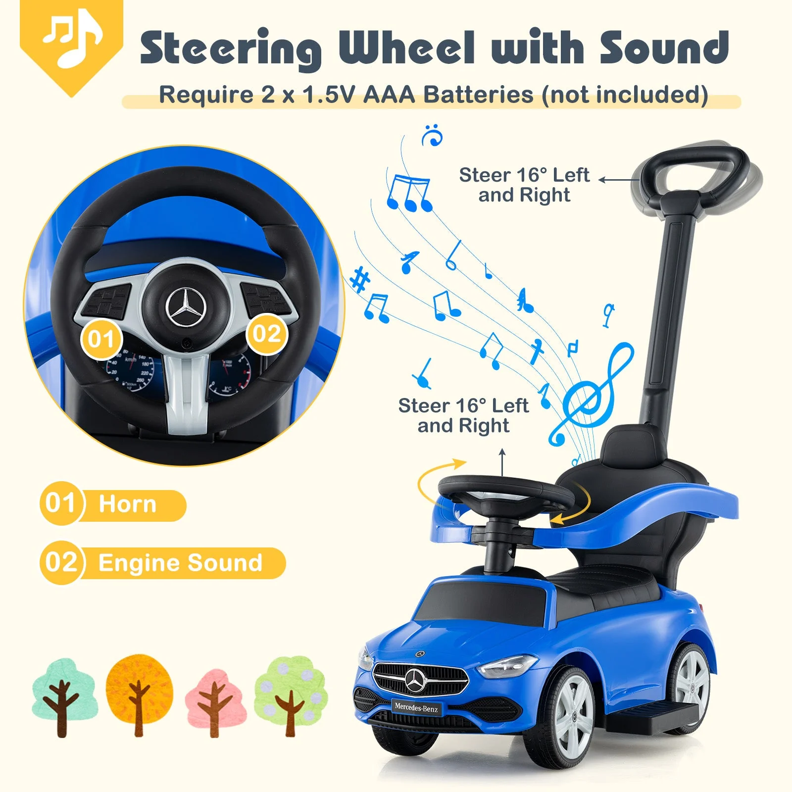3-in-1 Ride on Push Car Mercedes-Benz Licensed Sliding Car with Canopy-Blue - Image 7