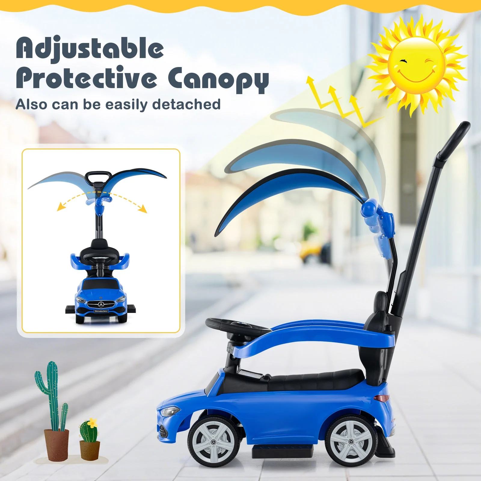 3-in-1 Ride on Push Car Mercedes-Benz Licensed Sliding Car with Canopy-Blue - Image 8