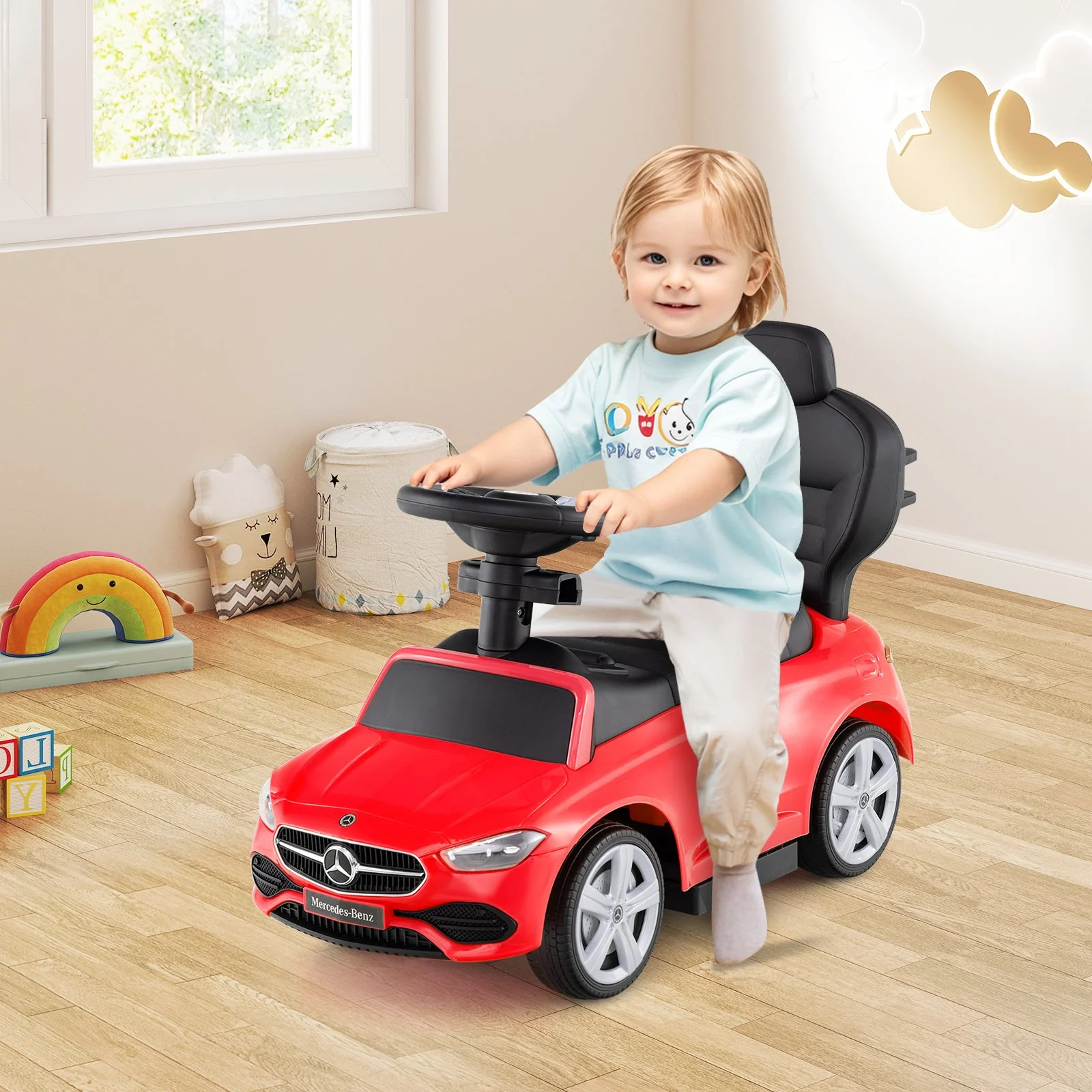 3-in-1 Ride on Push Car Mercedes-Benz Licensed Sliding Car with Canopy-Red - Image 2