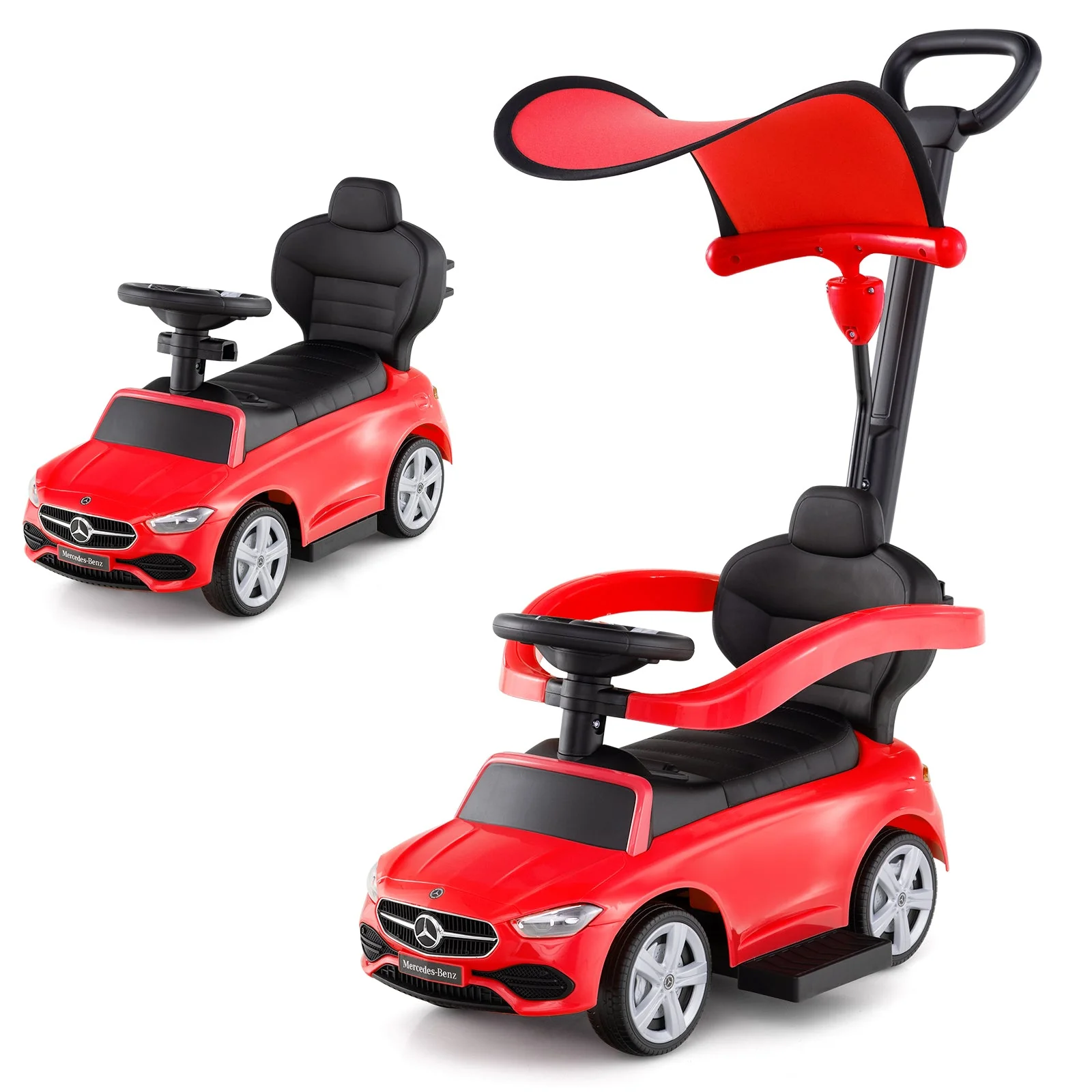 3-in-1 Ride on Push Car Mercedes-Benz Licensed Sliding Car with Canopy-Red - Image 4