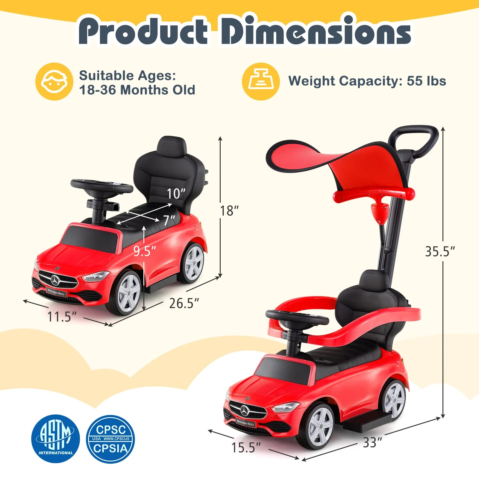 3-in-1 Ride on Push Car Mercedes-Benz Licensed Sliding Car with Canopy-Red - Image 5