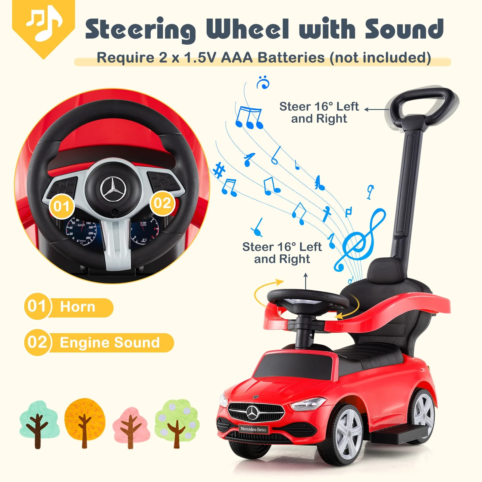 3-in-1 Ride on Push Car Mercedes-Benz Licensed Sliding Car with Canopy-Red - Image 6