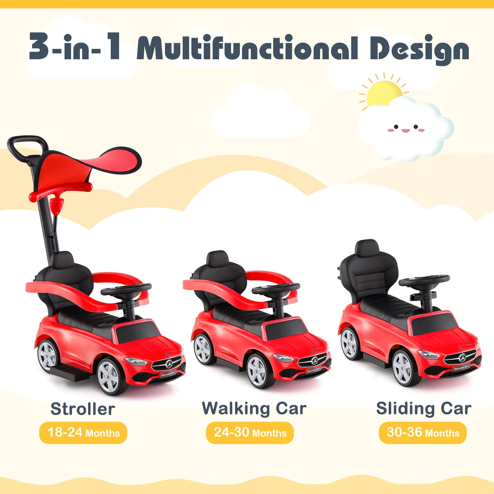 3-in-1 Ride on Push Car Mercedes-Benz Licensed Sliding Car with Canopy-Red - Image 7