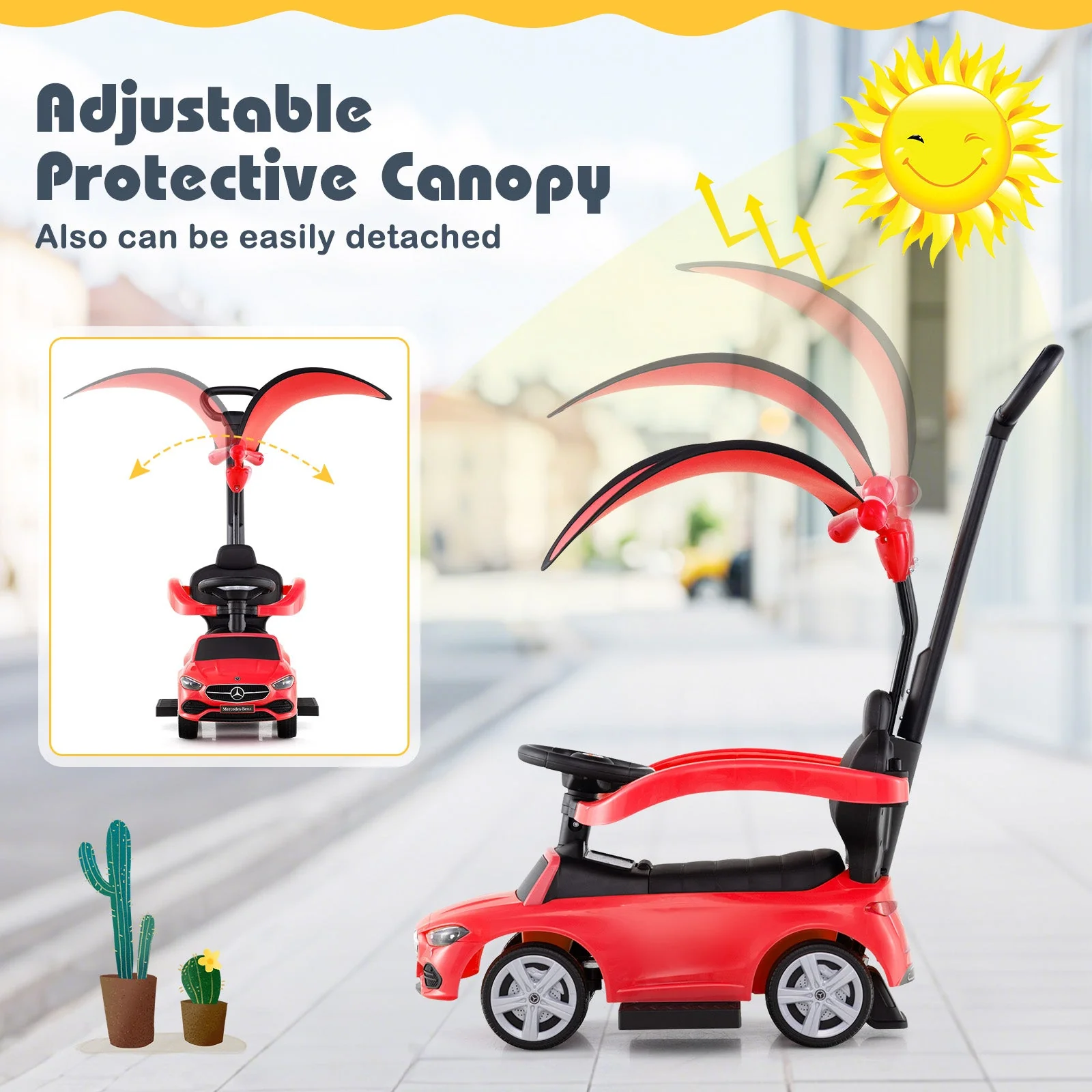 3-in-1 Ride on Push Car Mercedes-Benz Licensed Sliding Car with Canopy-Red - Image 8