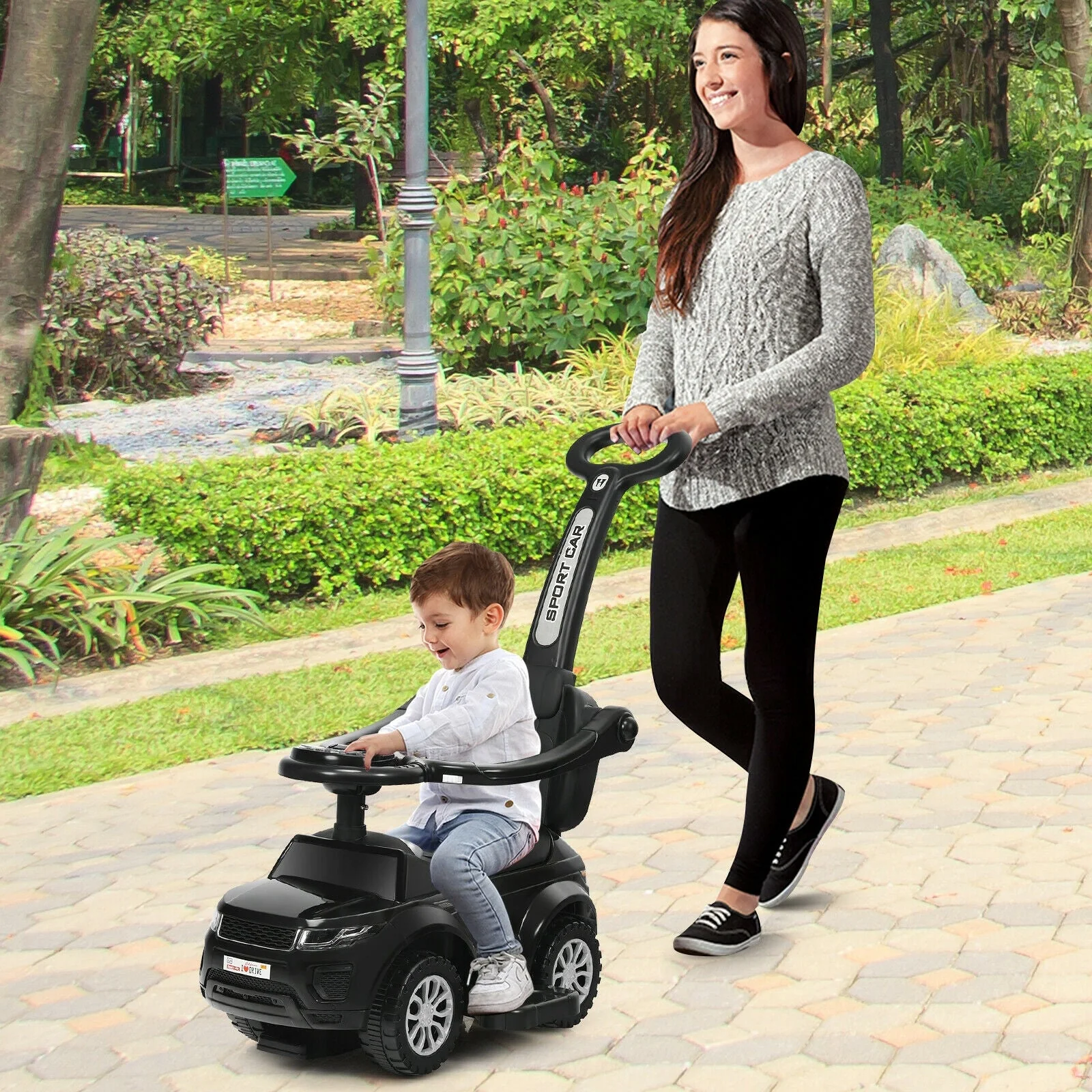 3 in 1 Ride on Push Car Toddler Stroller Sliding Car with Music-Black - Image 2