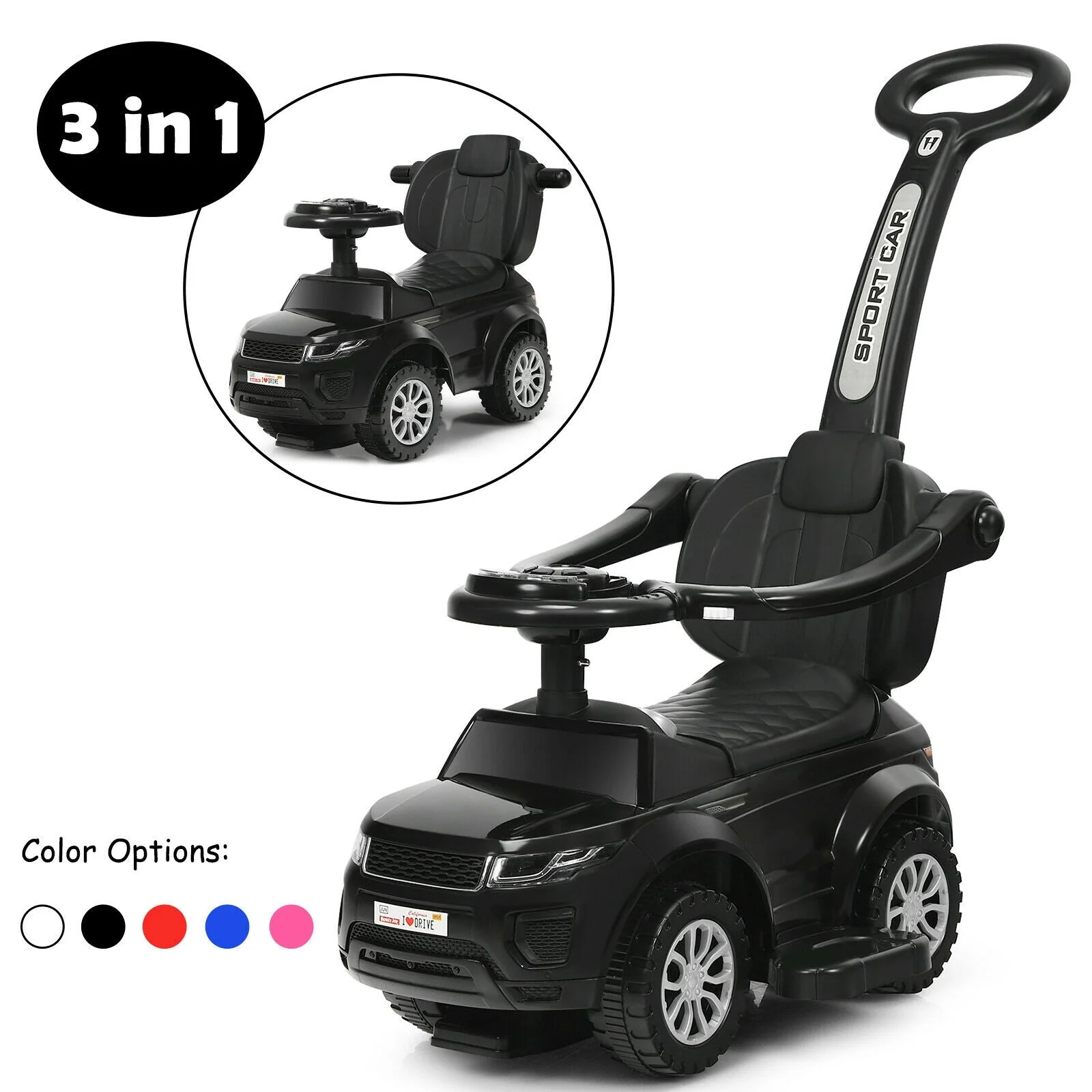 3 in 1 Ride on Push Car Toddler Stroller Sliding Car with Music-Black - Image 4