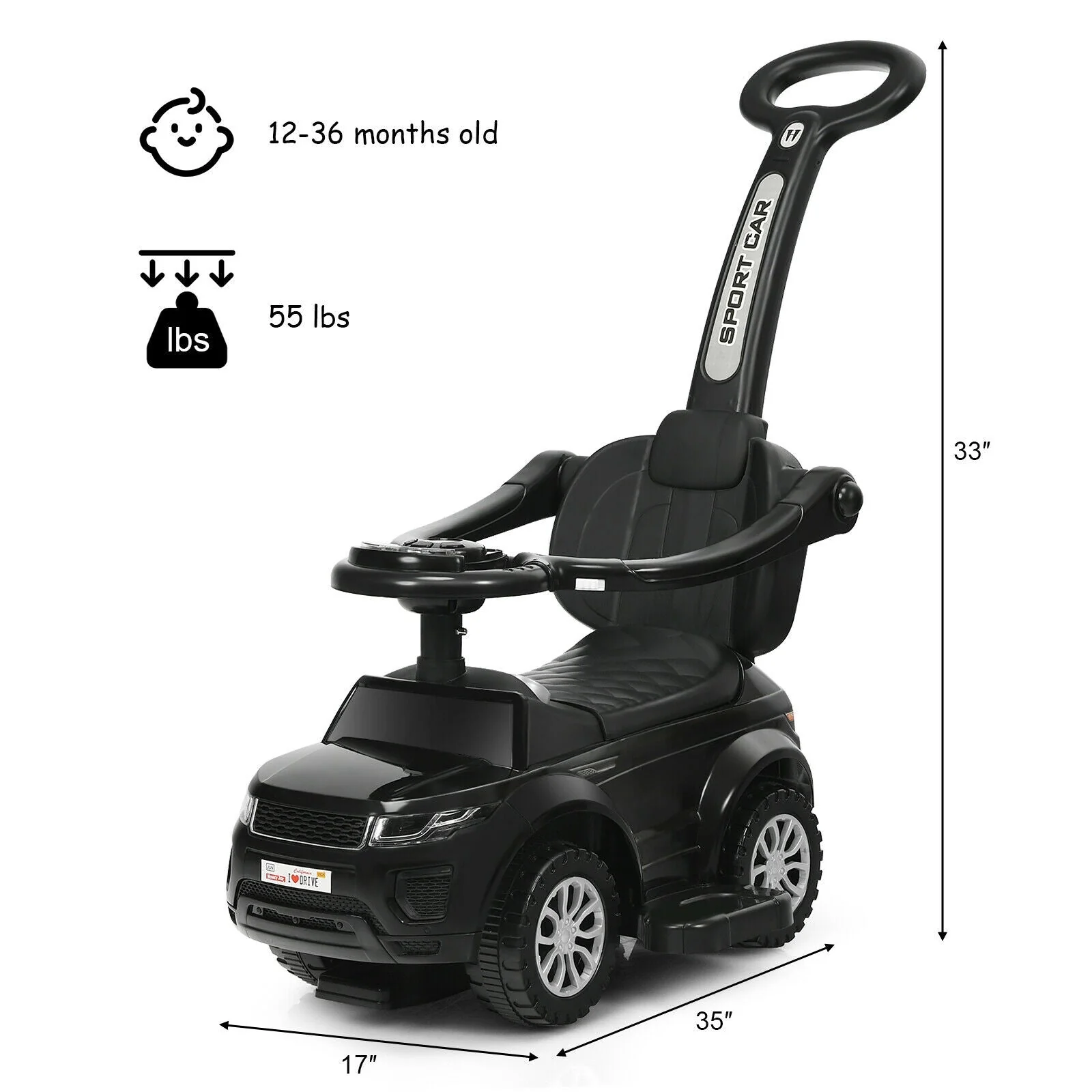 3 in 1 Ride on Push Car Toddler Stroller Sliding Car with Music-Black - Image 5