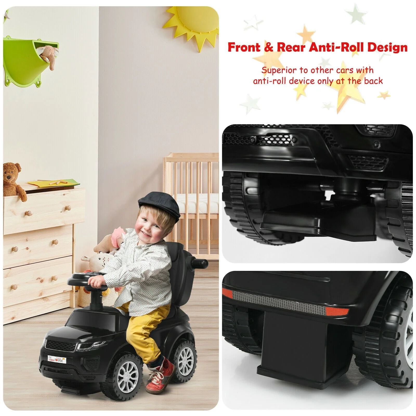 3 in 1 Ride on Push Car Toddler Stroller Sliding Car with Music-Black - Image 7