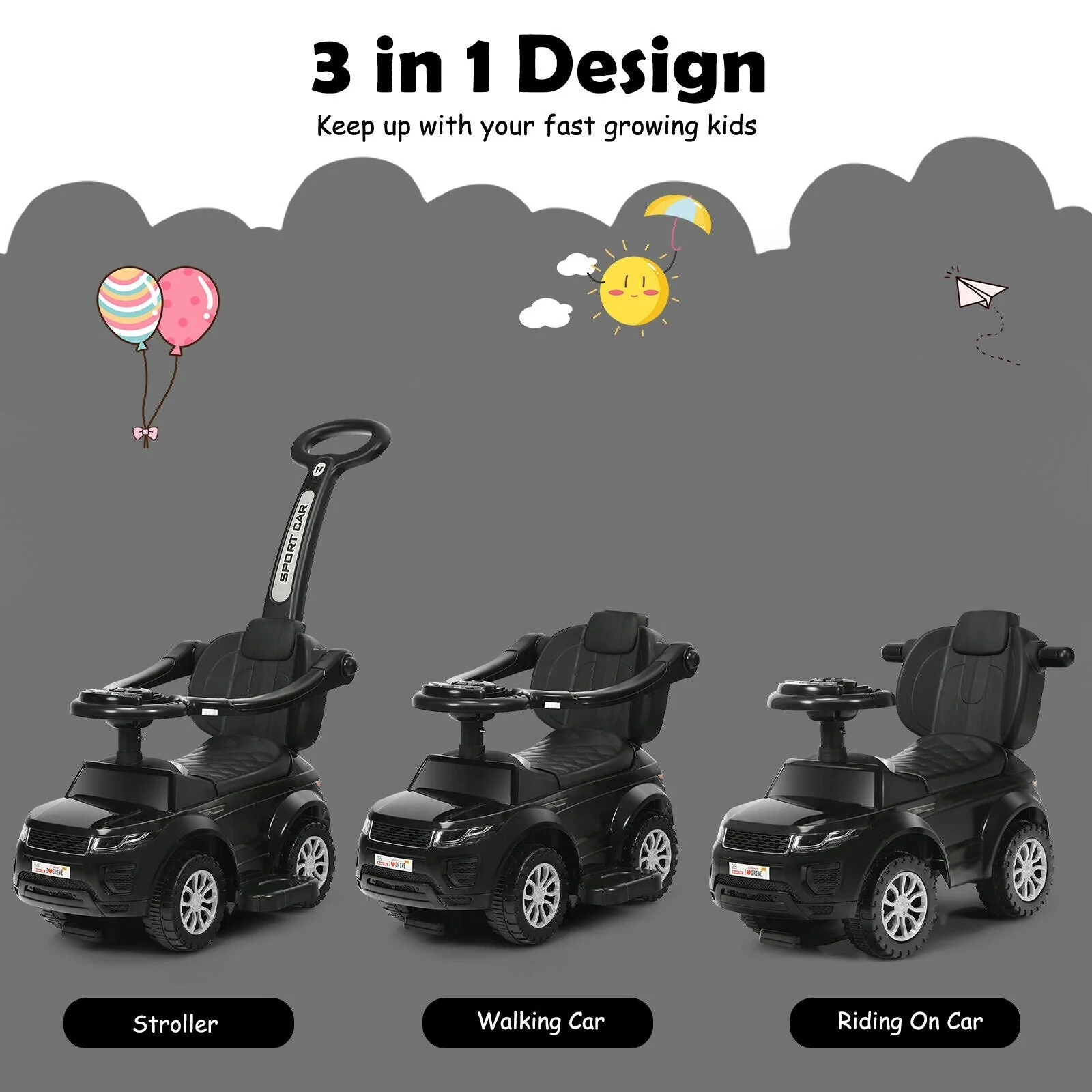 3 in 1 Ride on Push Car Toddler Stroller Sliding Car with Music-Black - Image 8