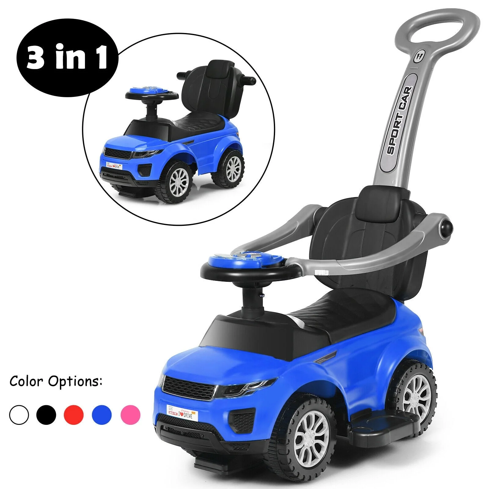 3 In 1 Ride on Push Car Toddler Stroller Sliding Car with Music-Blue - Image 4