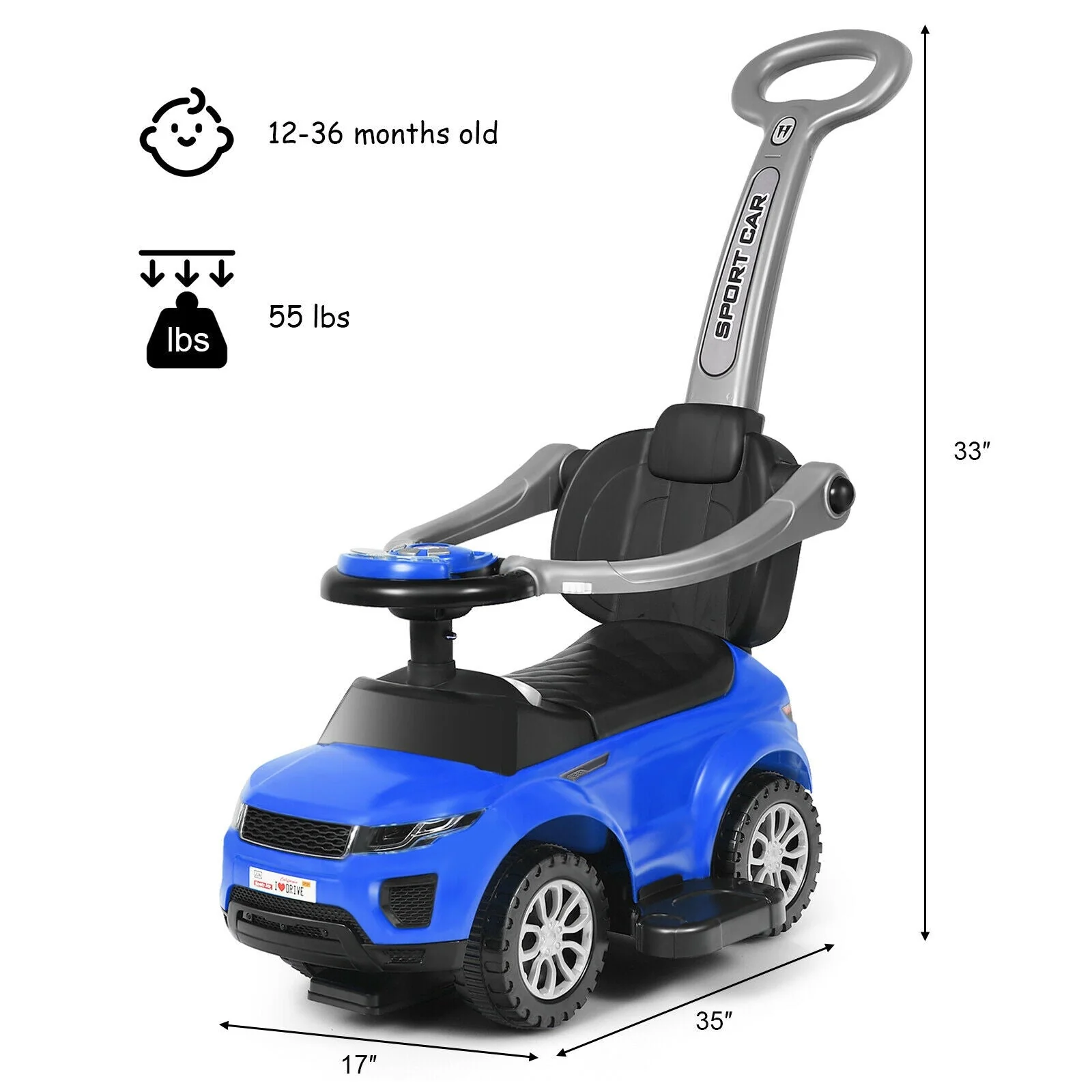 3 In 1 Ride on Push Car Toddler Stroller Sliding Car with Music-Blue - Image 5