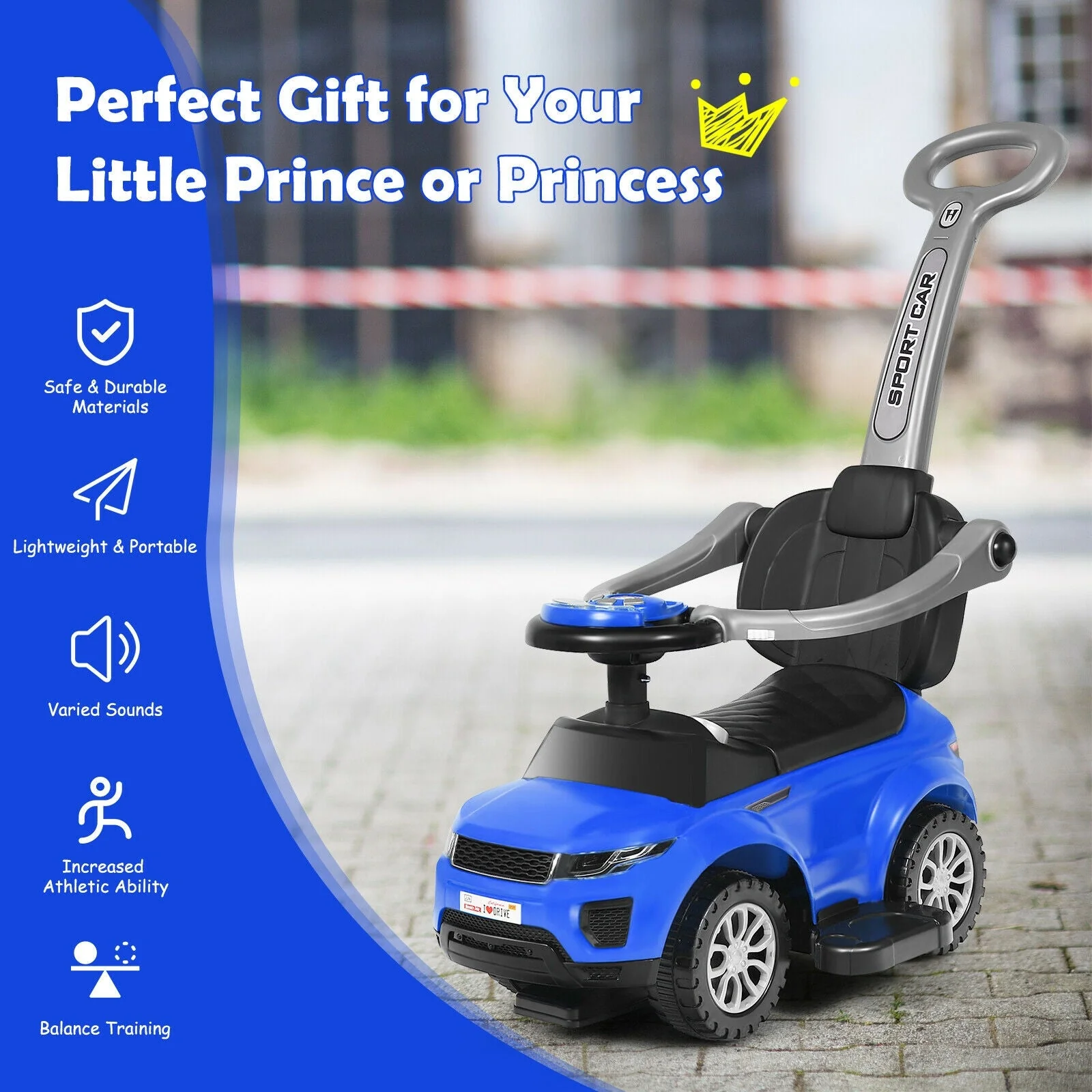 3 In 1 Ride on Push Car Toddler Stroller Sliding Car with Music-Blue - Image 7