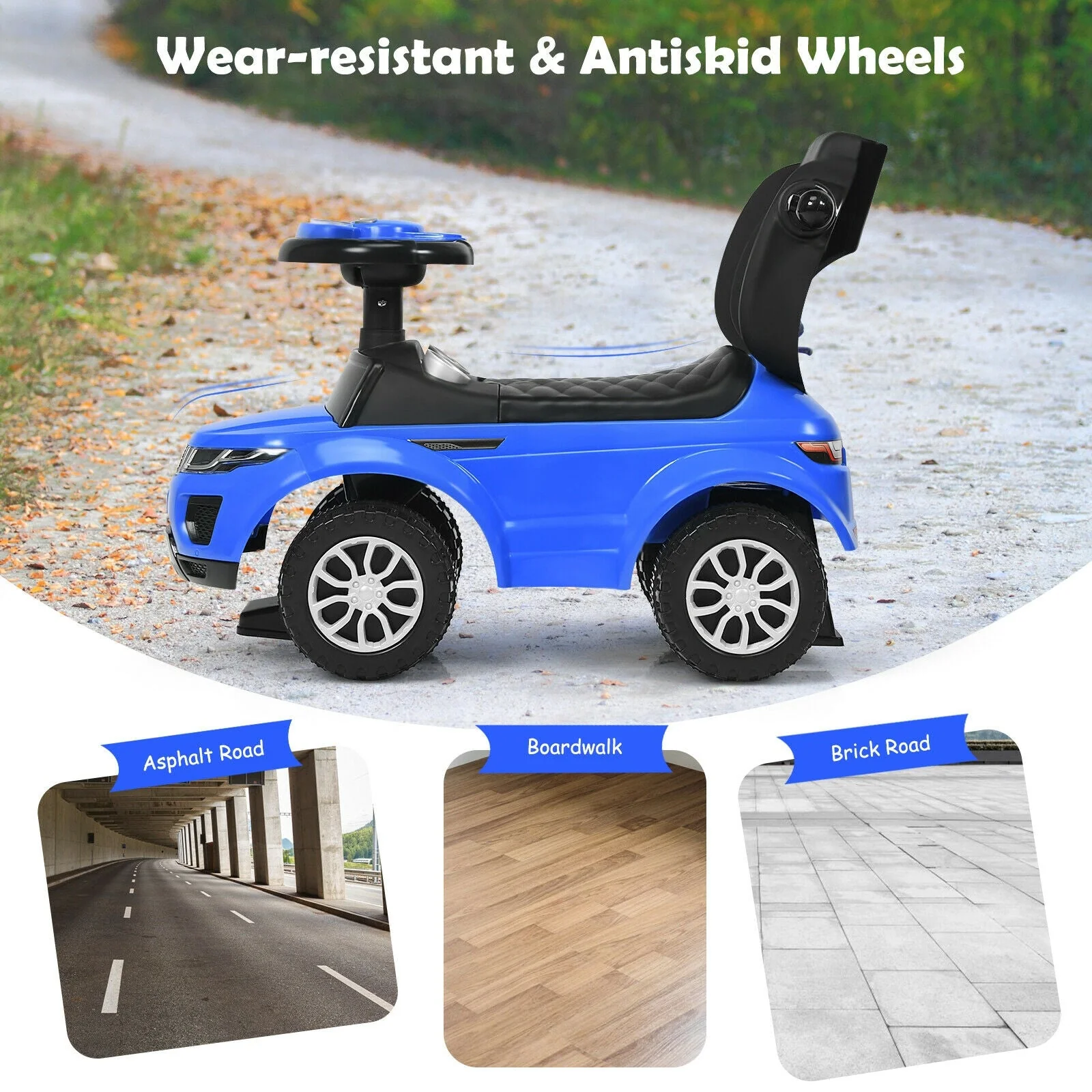 3 In 1 Ride on Push Car Toddler Stroller Sliding Car with Music-Blue - Image 8