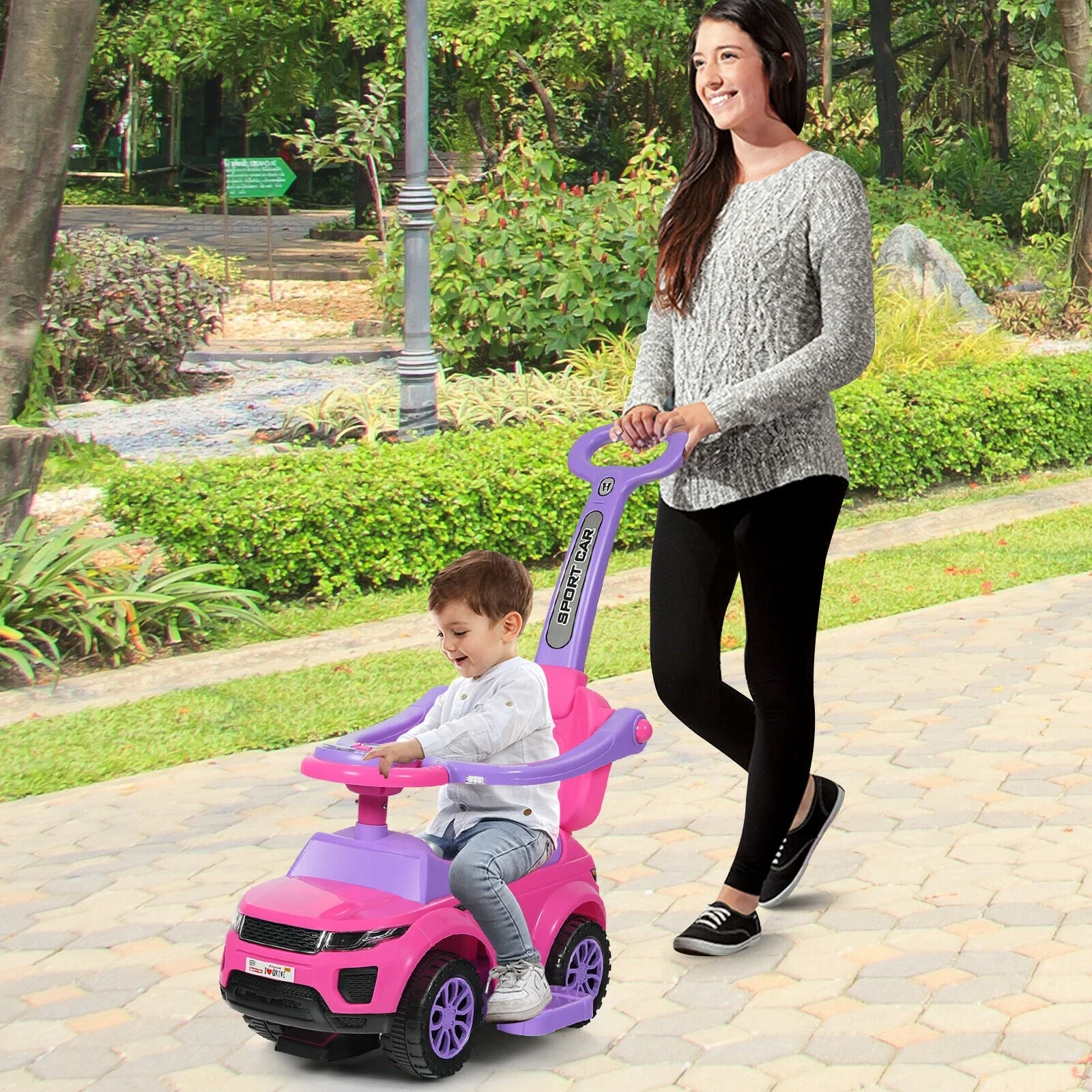 3 in 1 Ride on Push Car Toddler Stroller Sliding Car with Music-Pink - Image 2