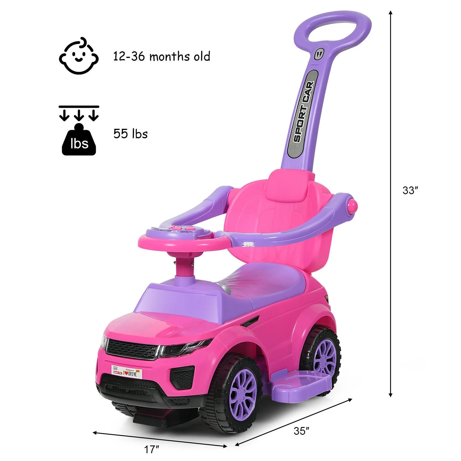 3 in 1 Ride on Push Car Toddler Stroller Sliding Car with Music-Pink - Image 5
