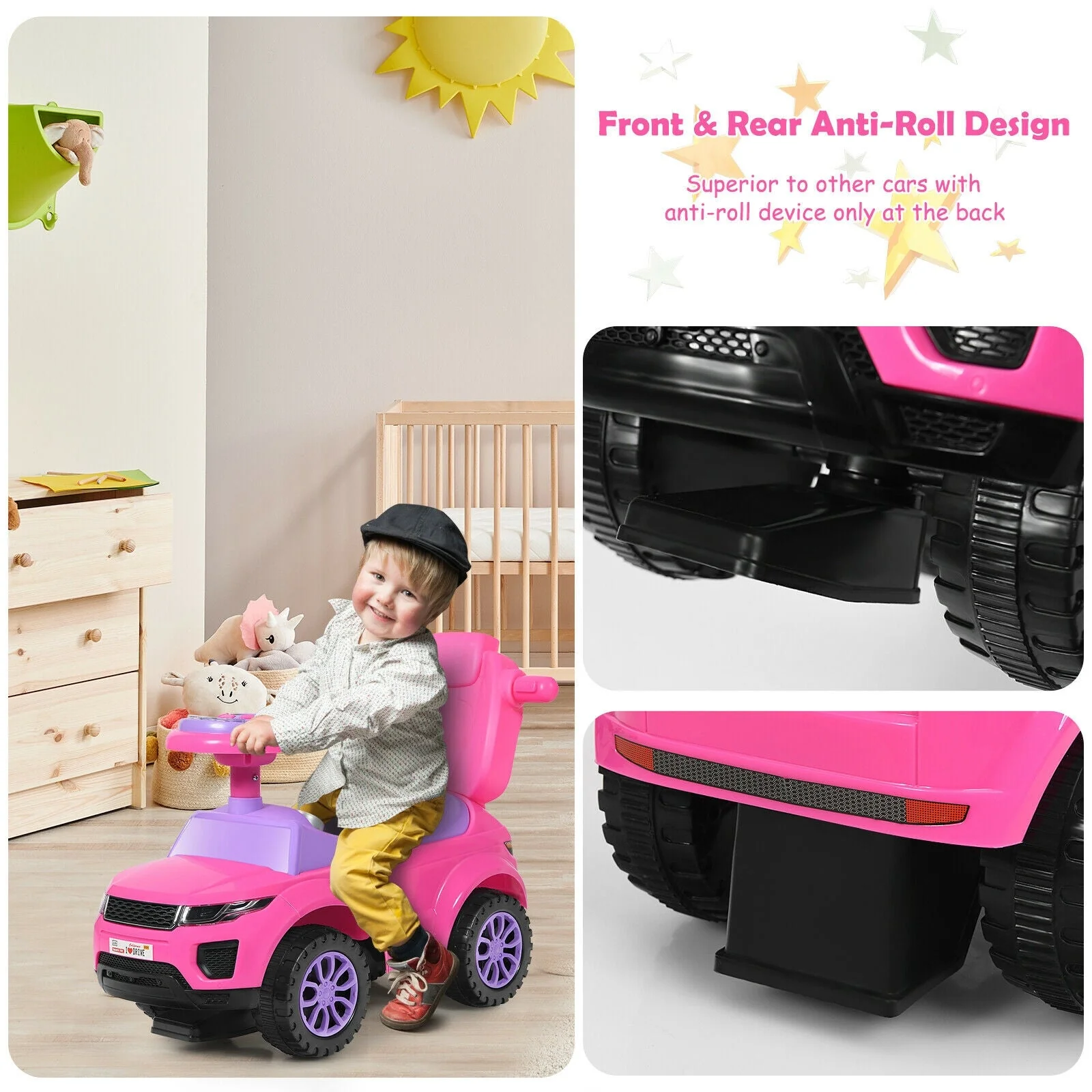 3 in 1 Ride on Push Car Toddler Stroller Sliding Car with Music-Pink - Image 6