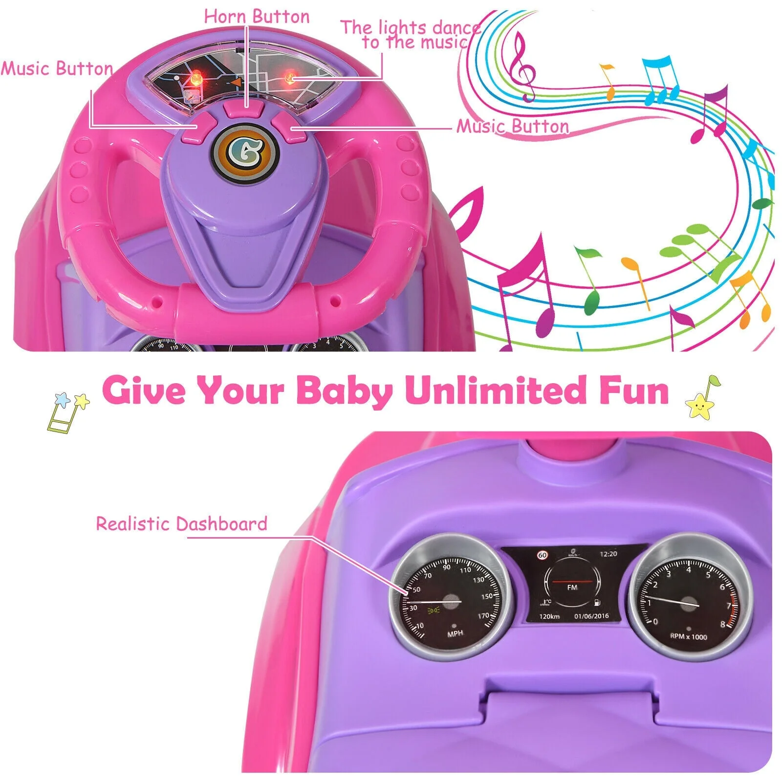3 in 1 Ride on Push Car Toddler Stroller Sliding Car with Music-Pink - Image 7