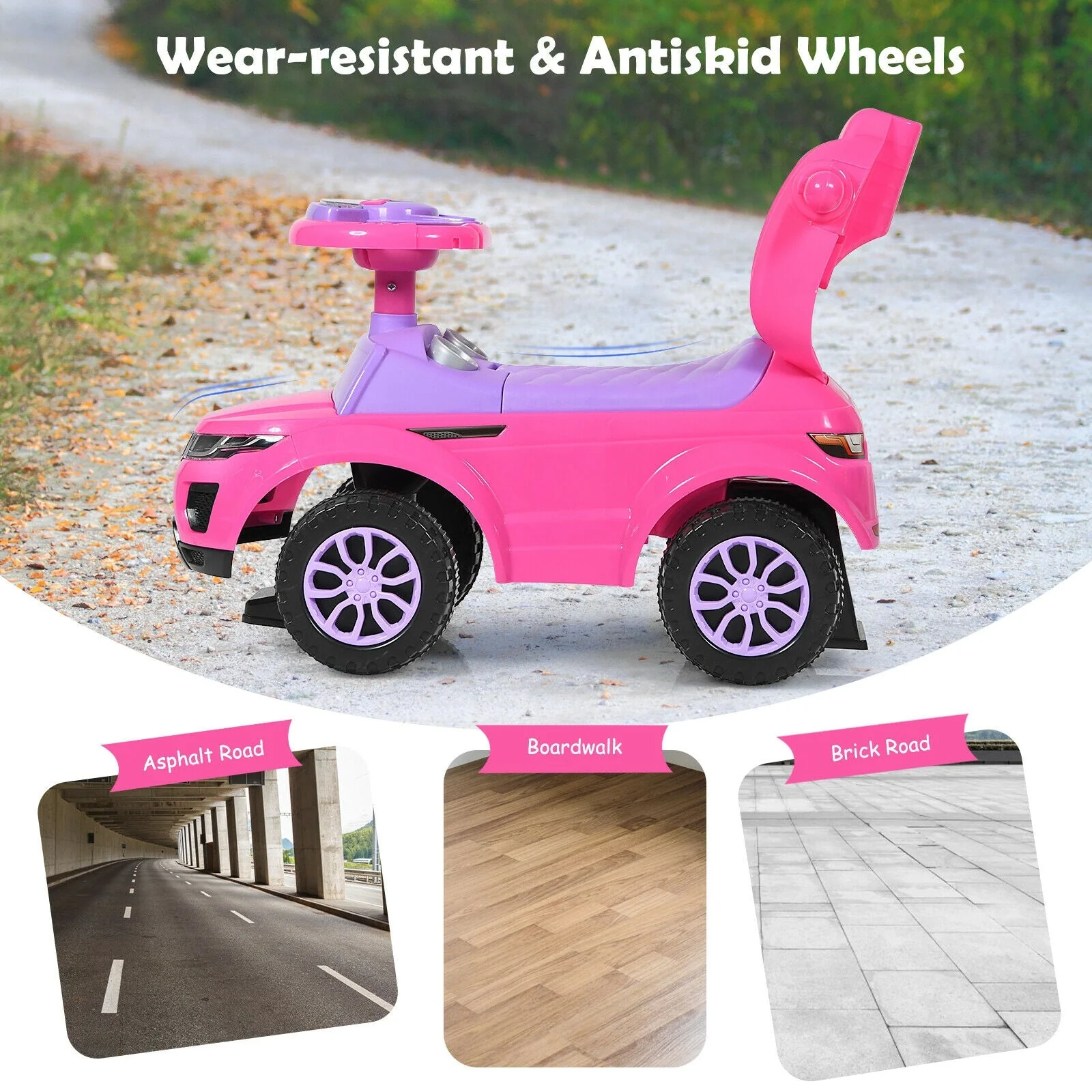 3 in 1 Ride on Push Car Toddler Stroller Sliding Car with Music-Pink - Image 8