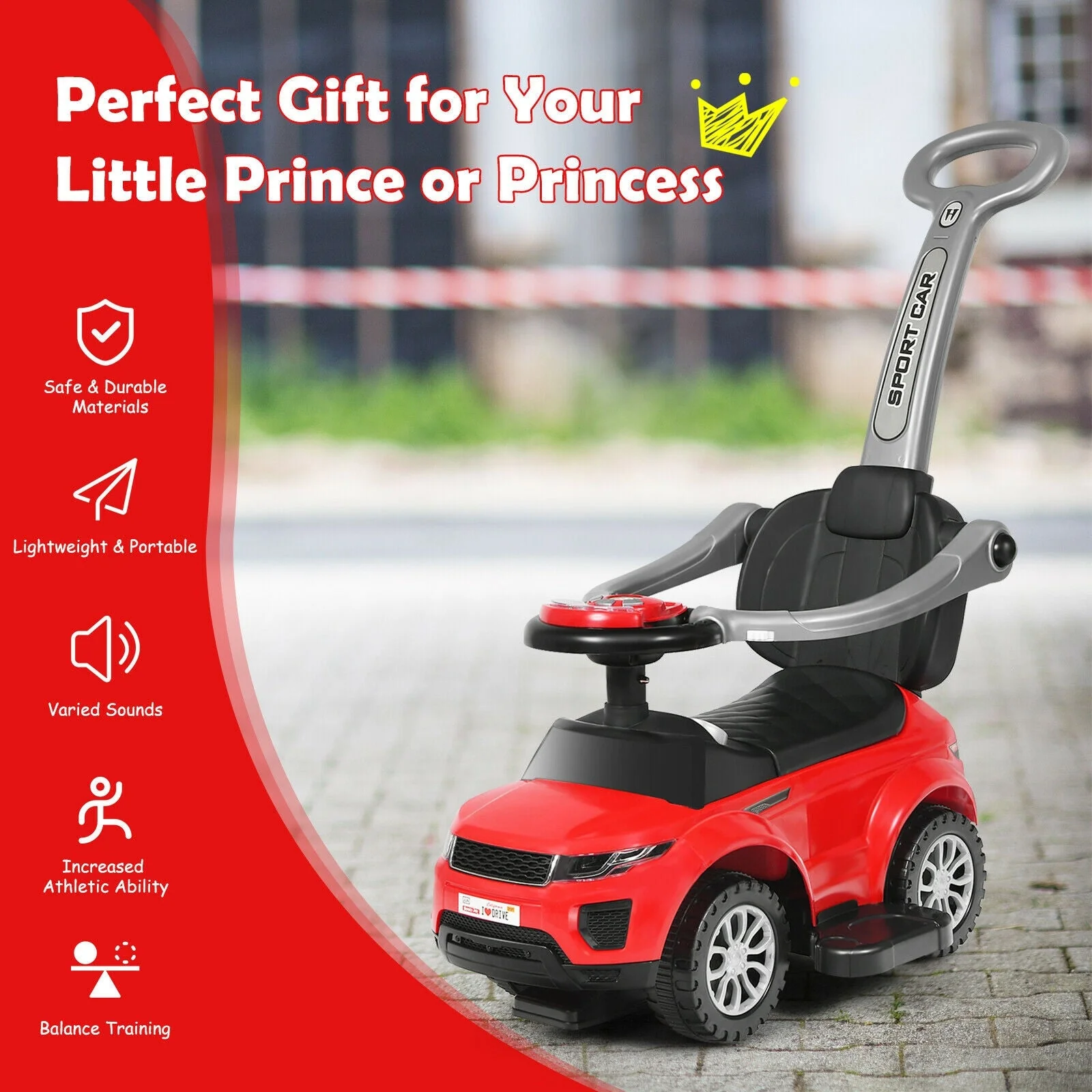 3 In 1 Ride on Push Car Toddler Stroller Sliding Car with Music-Red - Image 2