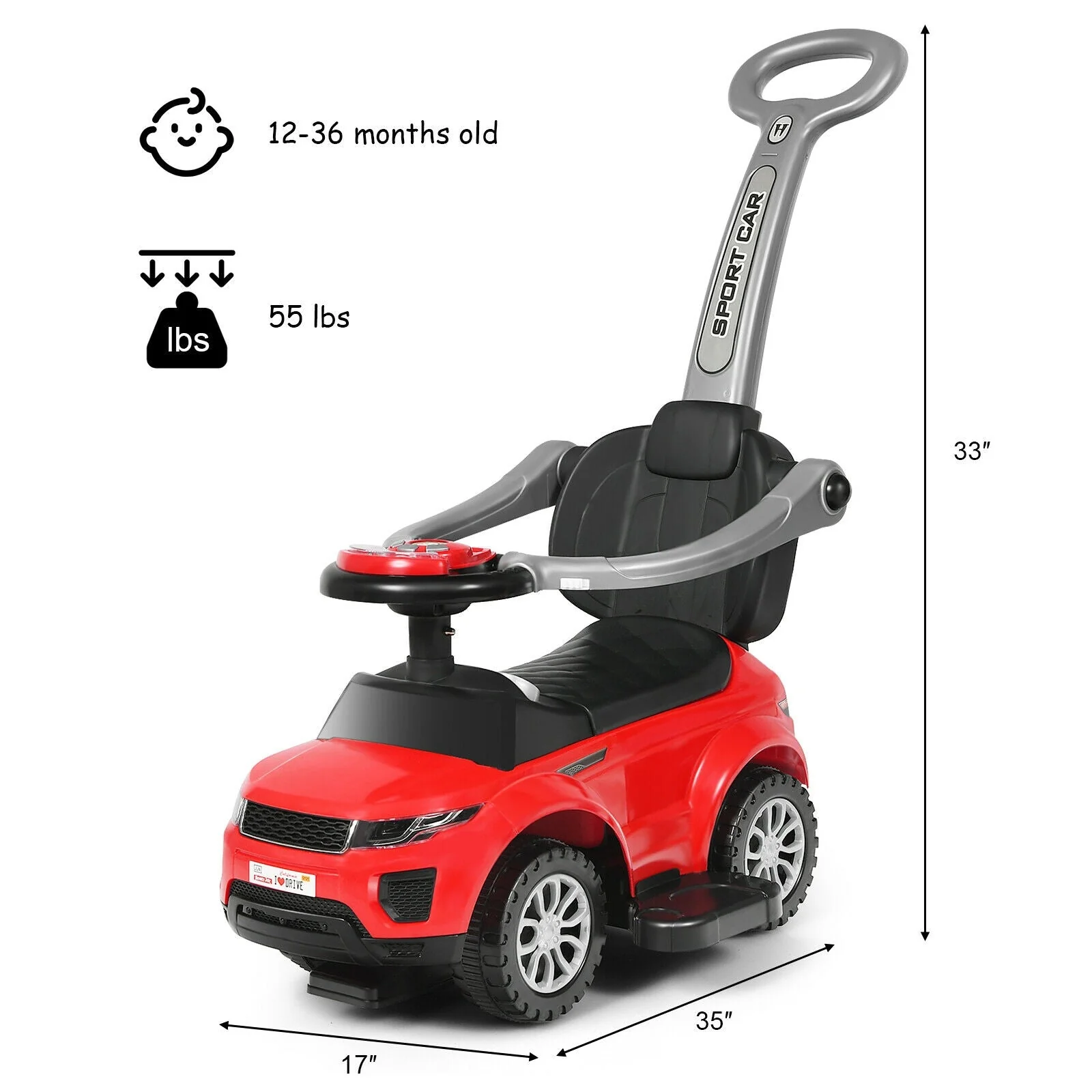 3 In 1 Ride on Push Car Toddler Stroller Sliding Car with Music-Red - Image 4
