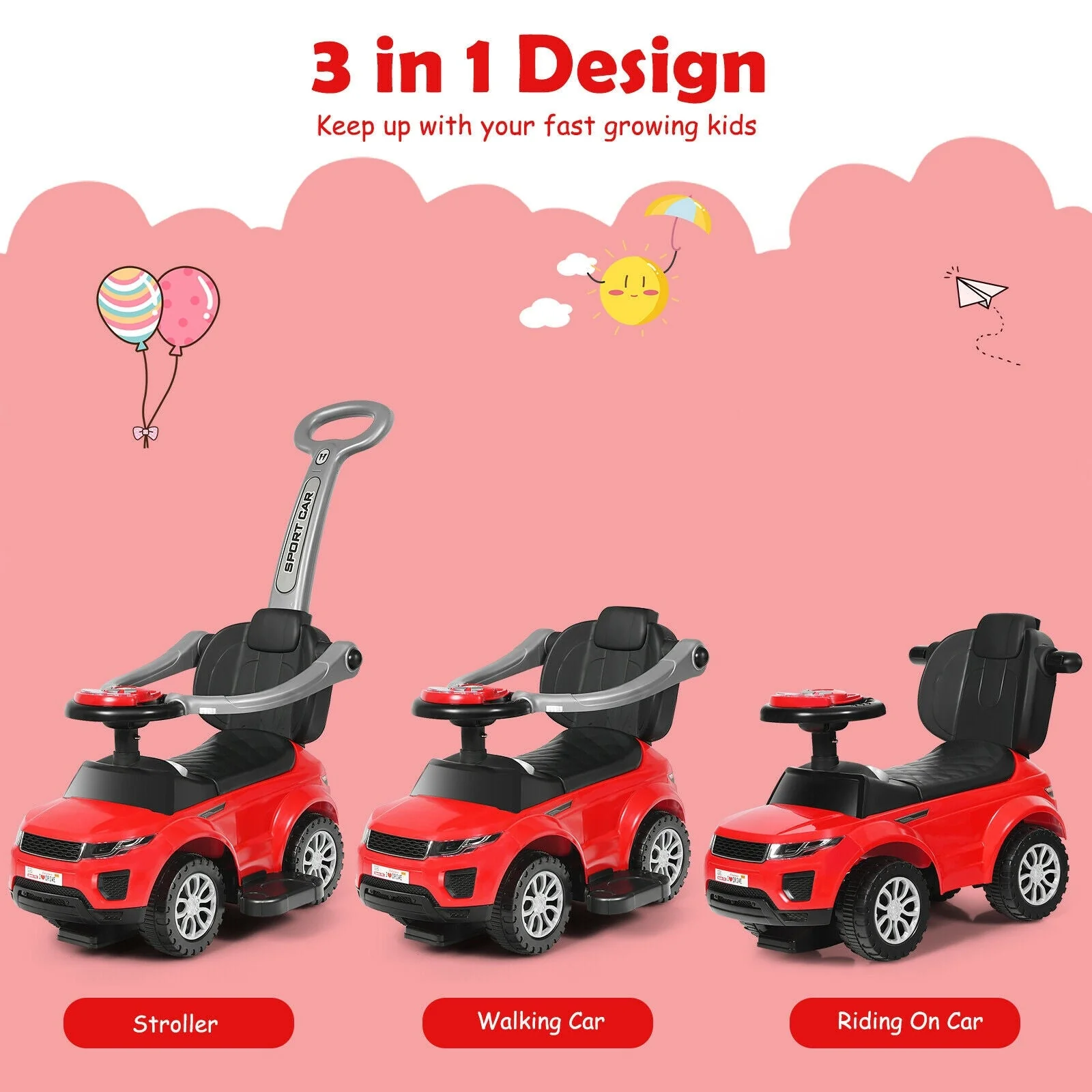 3 In 1 Ride on Push Car Toddler Stroller Sliding Car with Music-Red - Image 5