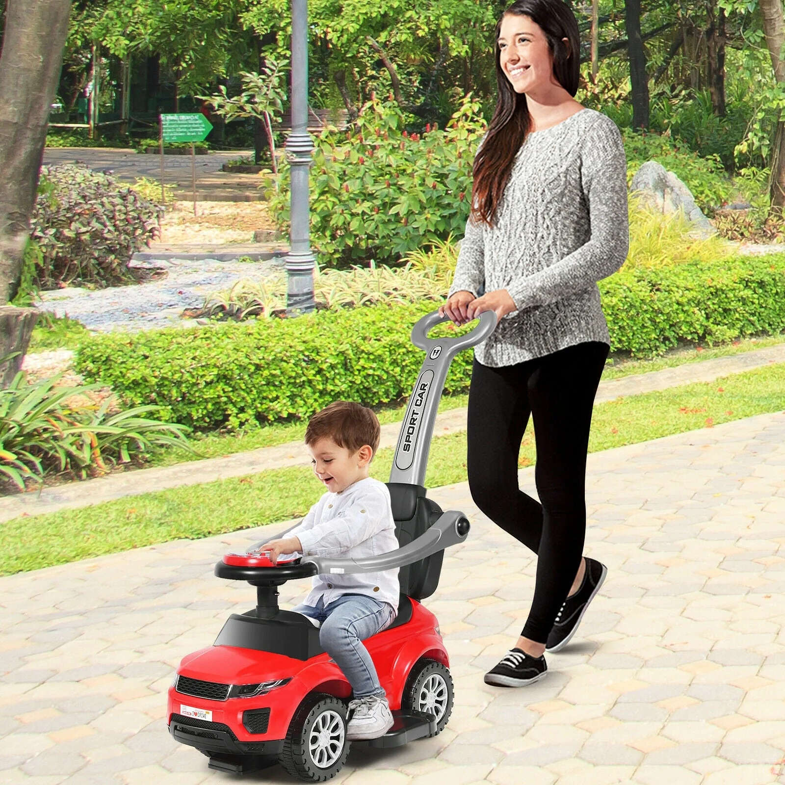 3 In 1 Ride on Push Car Toddler Stroller Sliding Car with Music-Red - Image 6
