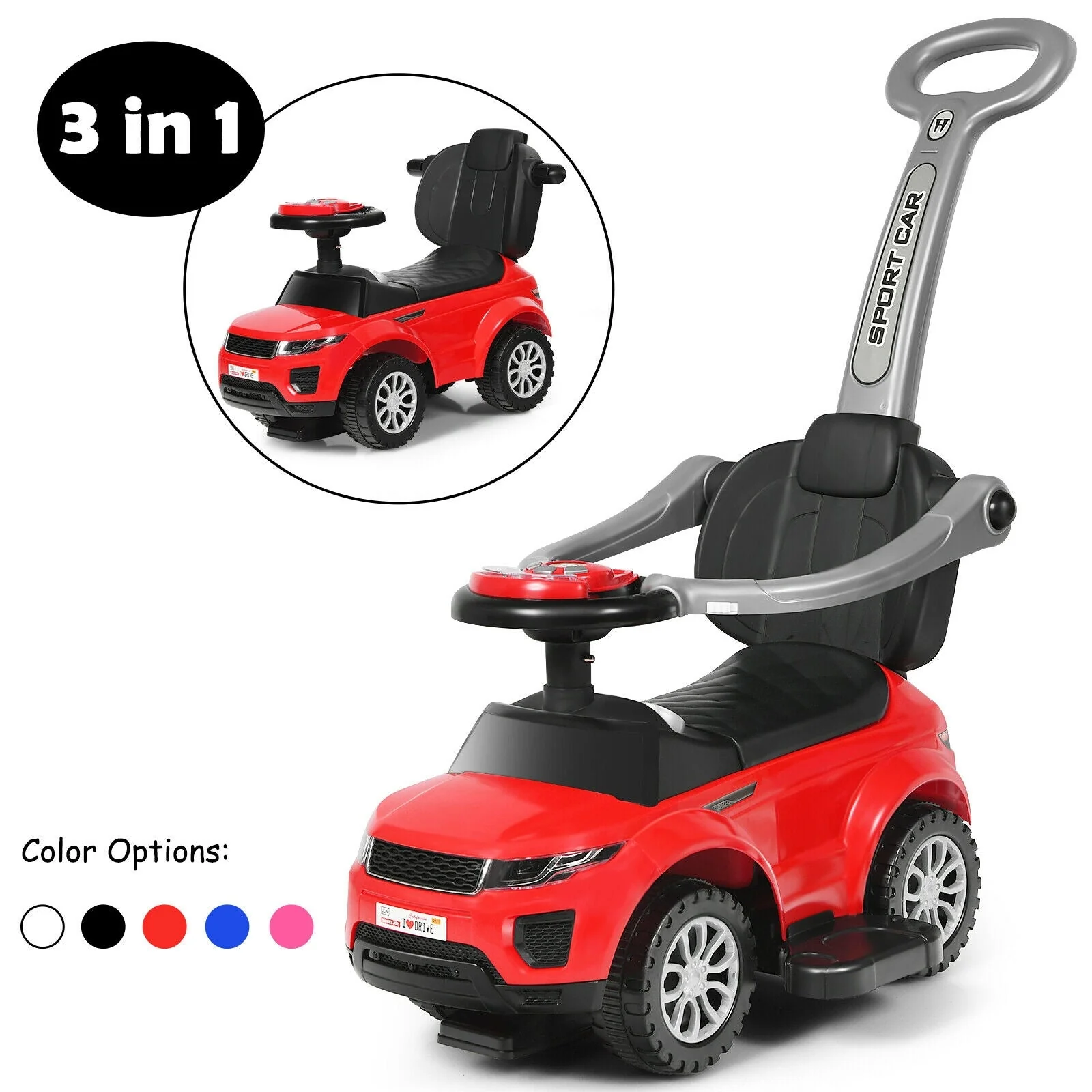 3 In 1 Ride on Push Car Toddler Stroller Sliding Car with Music-Red - Image 7