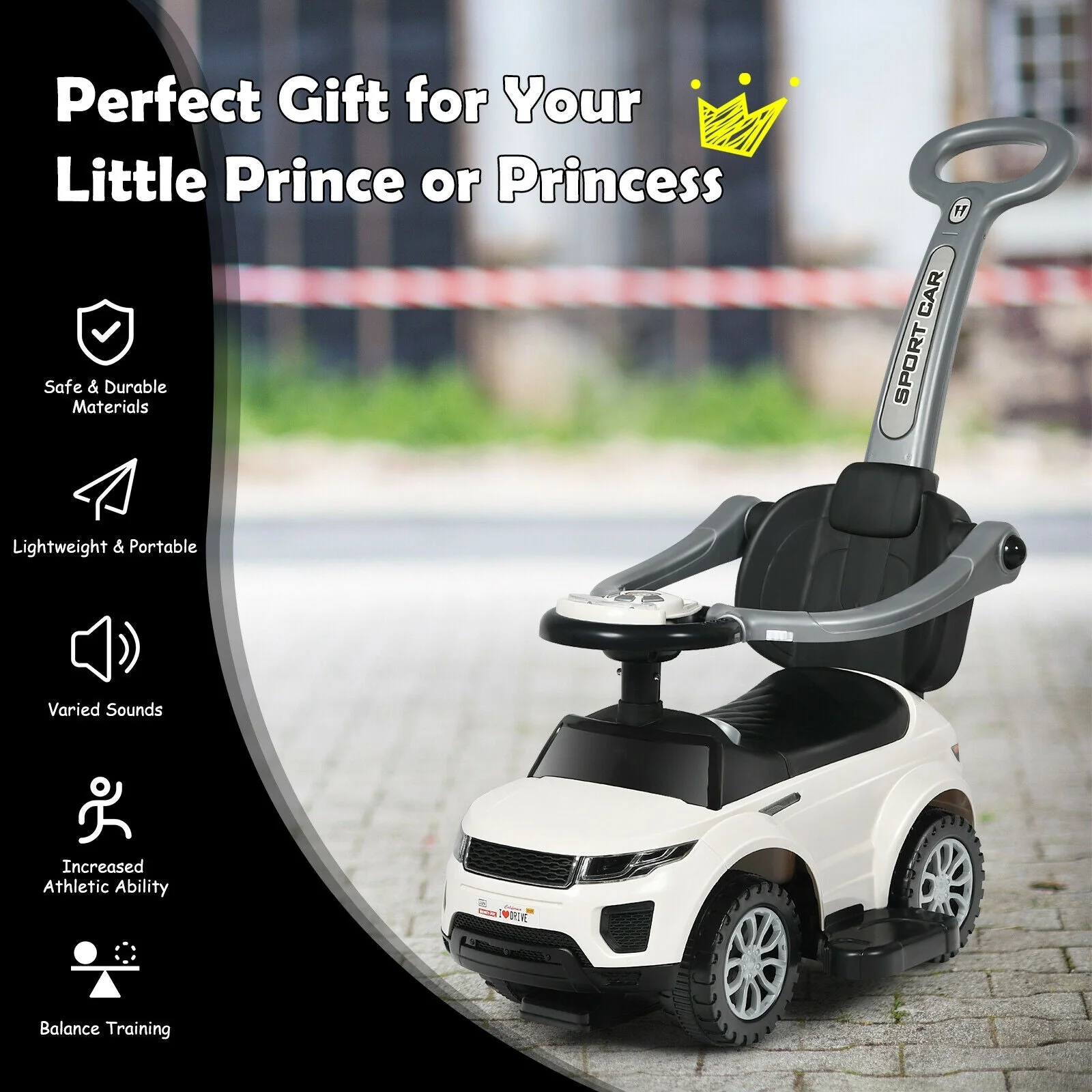 3 In 1 Ride on Push Car Toddler Stroller Sliding Car with Music-White - Image 2
