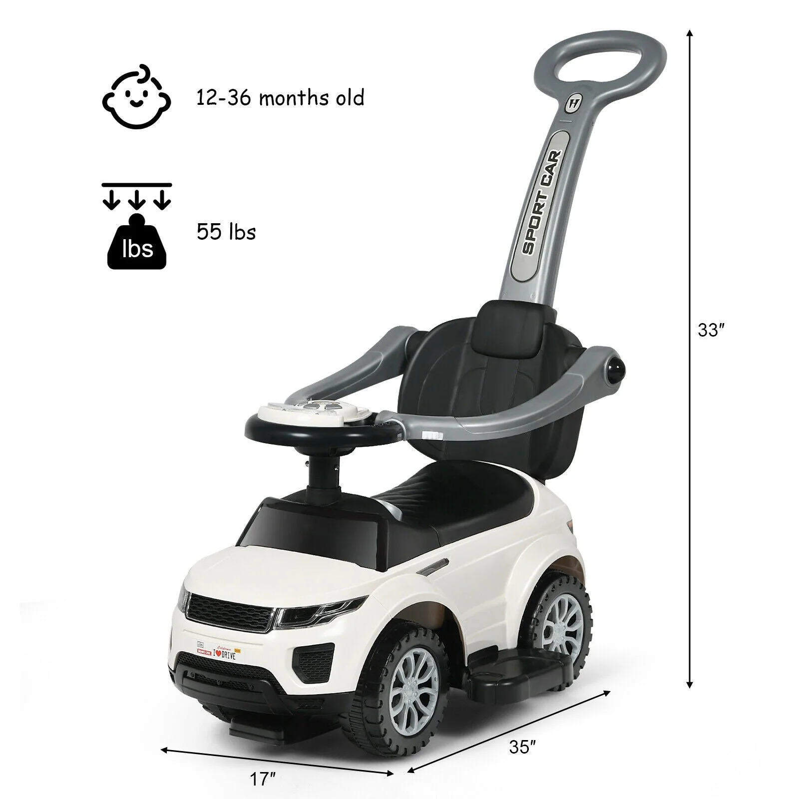 3 In 1 Ride on Push Car Toddler Stroller Sliding Car with Music-White - Image 4