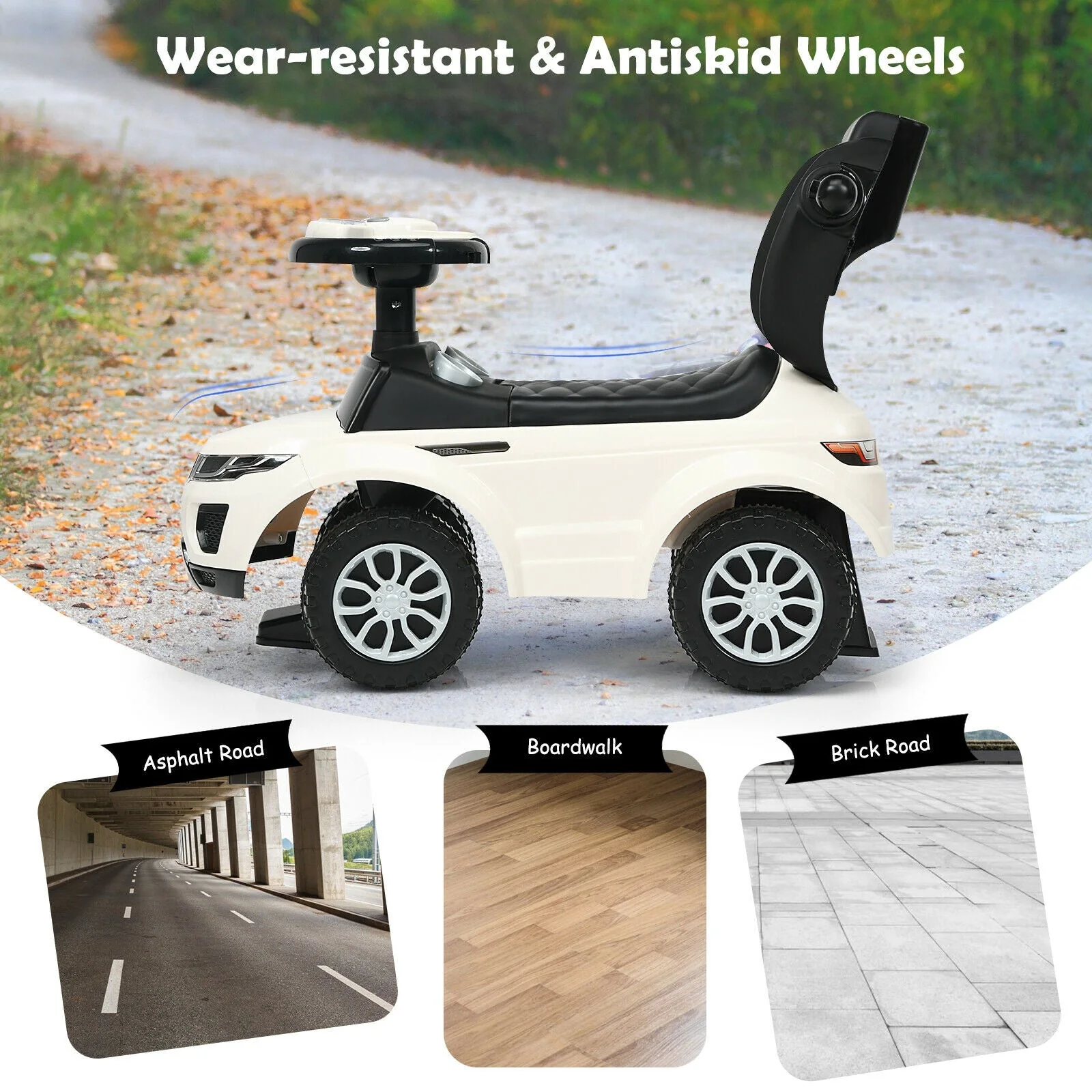 3 In 1 Ride on Push Car Toddler Stroller Sliding Car with Music-White - Image 5