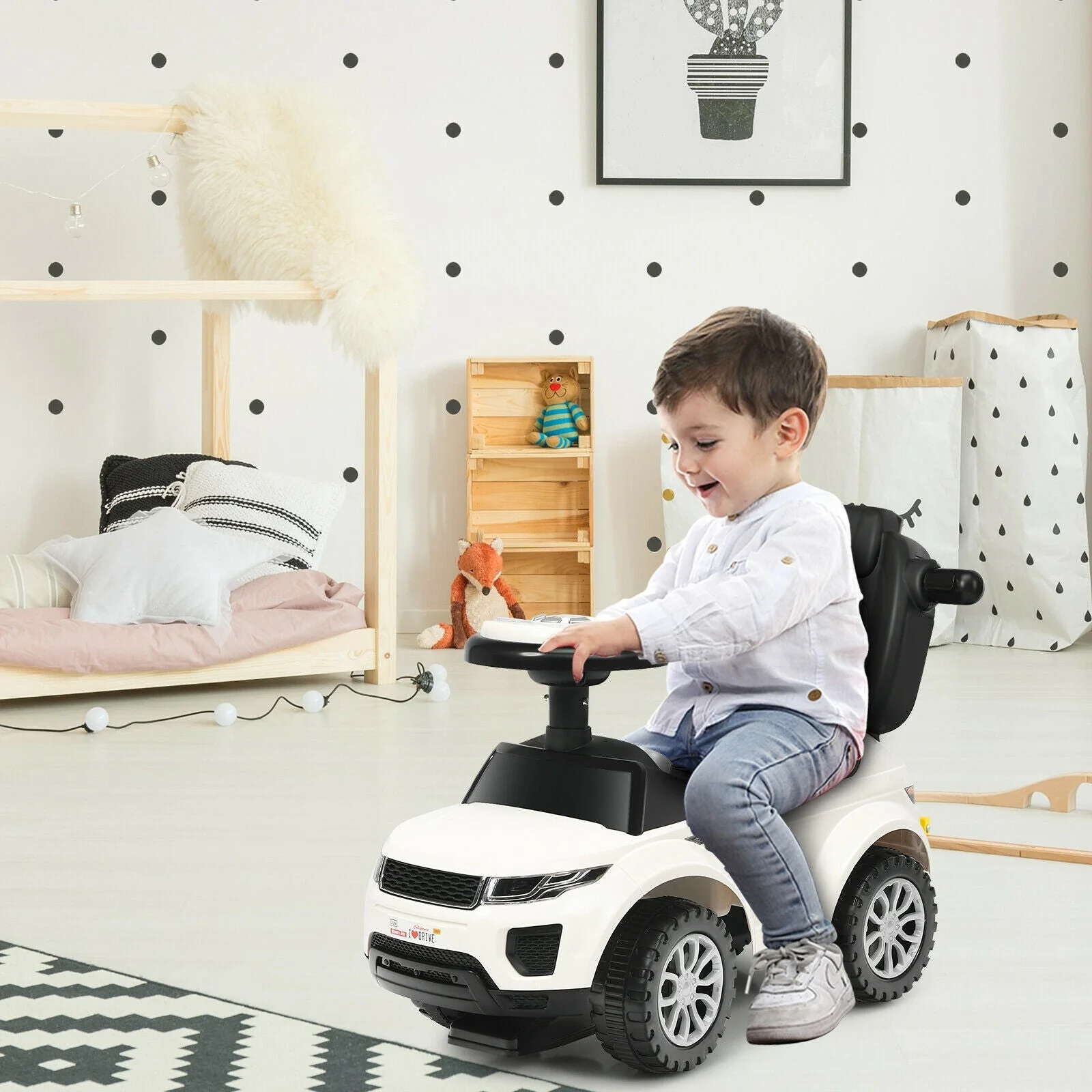 3 In 1 Ride on Push Car Toddler Stroller Sliding Car with Music-White - Image 6