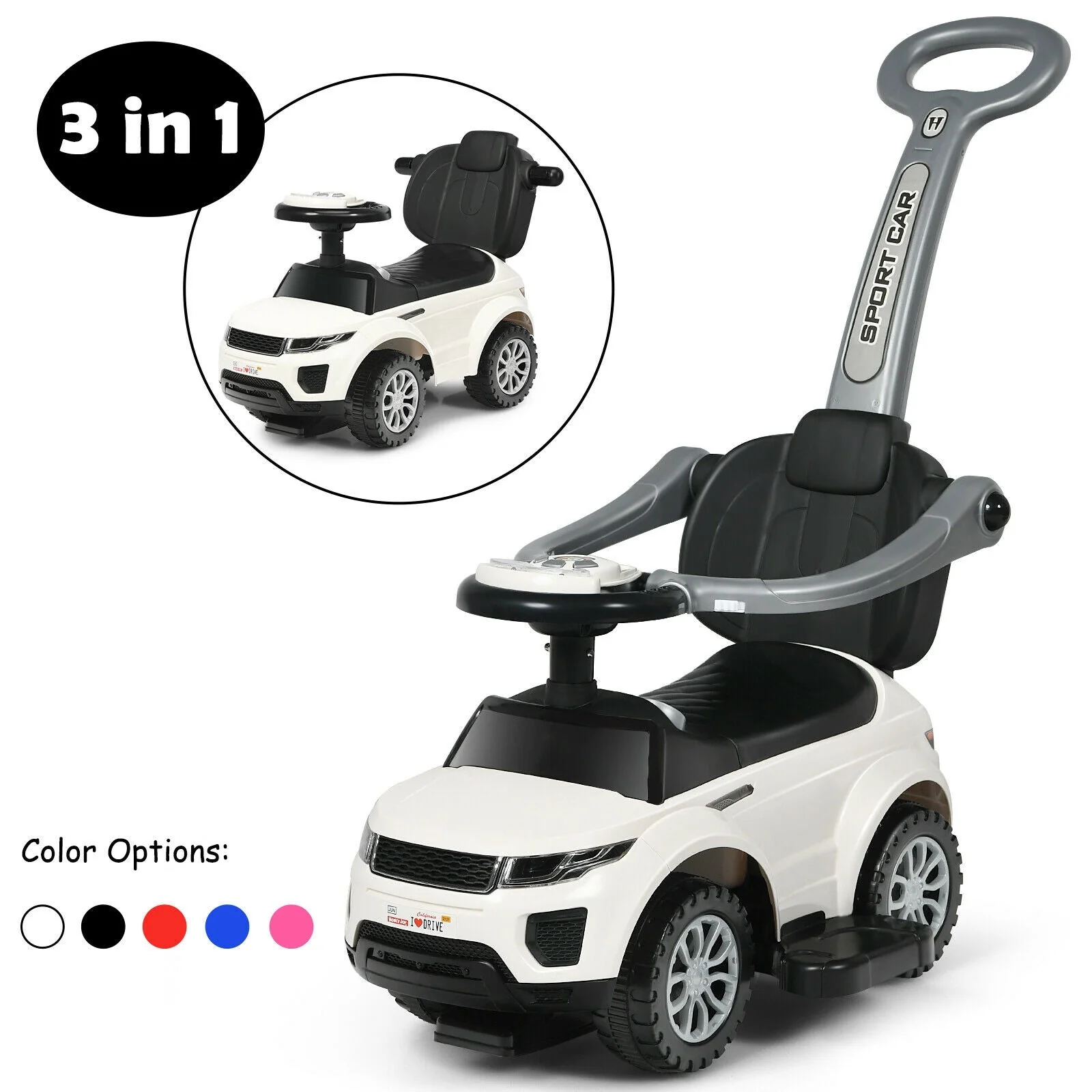 3 In 1 Ride on Push Car Toddler Stroller Sliding Car with Music-White - Image 8
