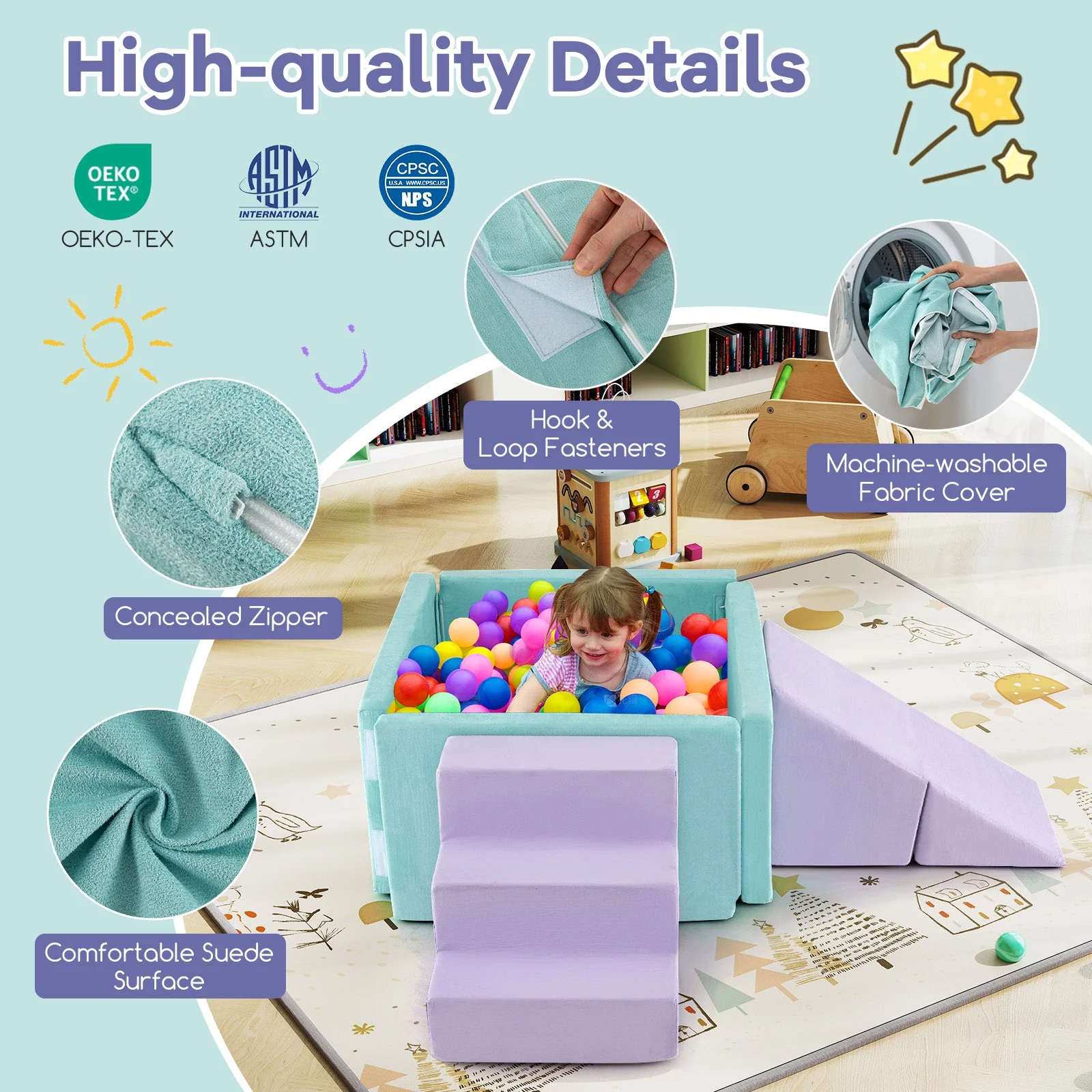 3-in-1 Suede Fabric Soft Play Set Foam Climbing Blocks for Toddlers-Purple - Image 7