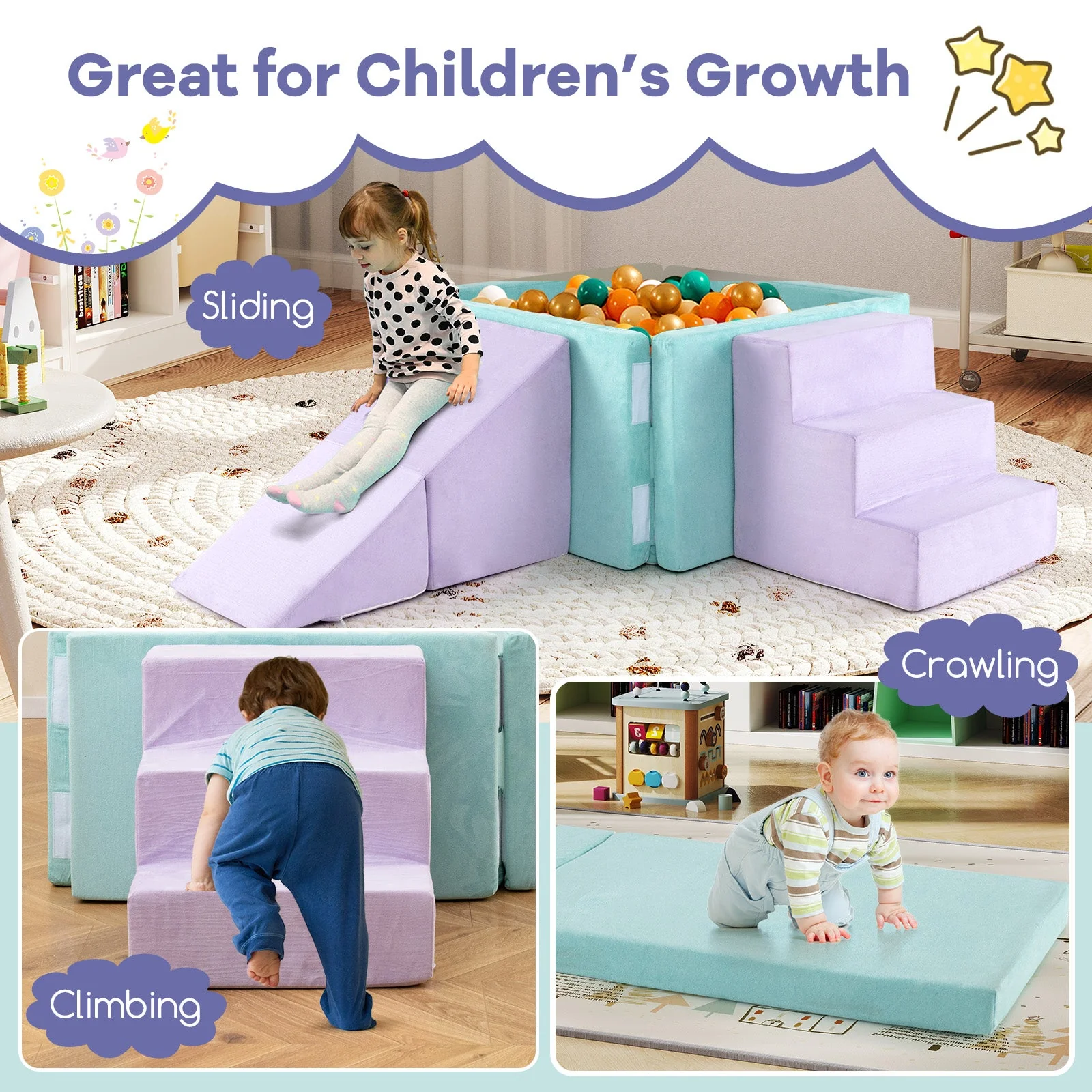 3-in-1 Suede Fabric Soft Play Set Foam Climbing Blocks for Toddlers-Purple - Image 8