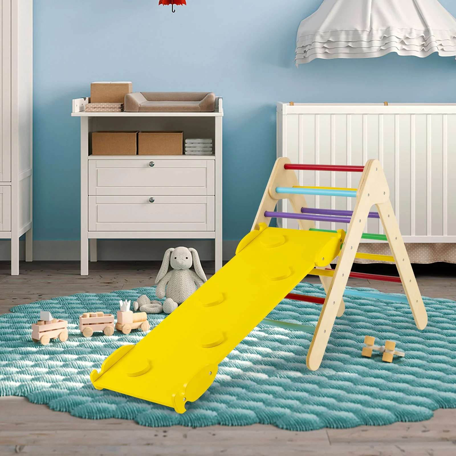 3-in-1 Wooden Climbing Triangle Set Triangle Climber with Ramp-Multicolor - Image 2