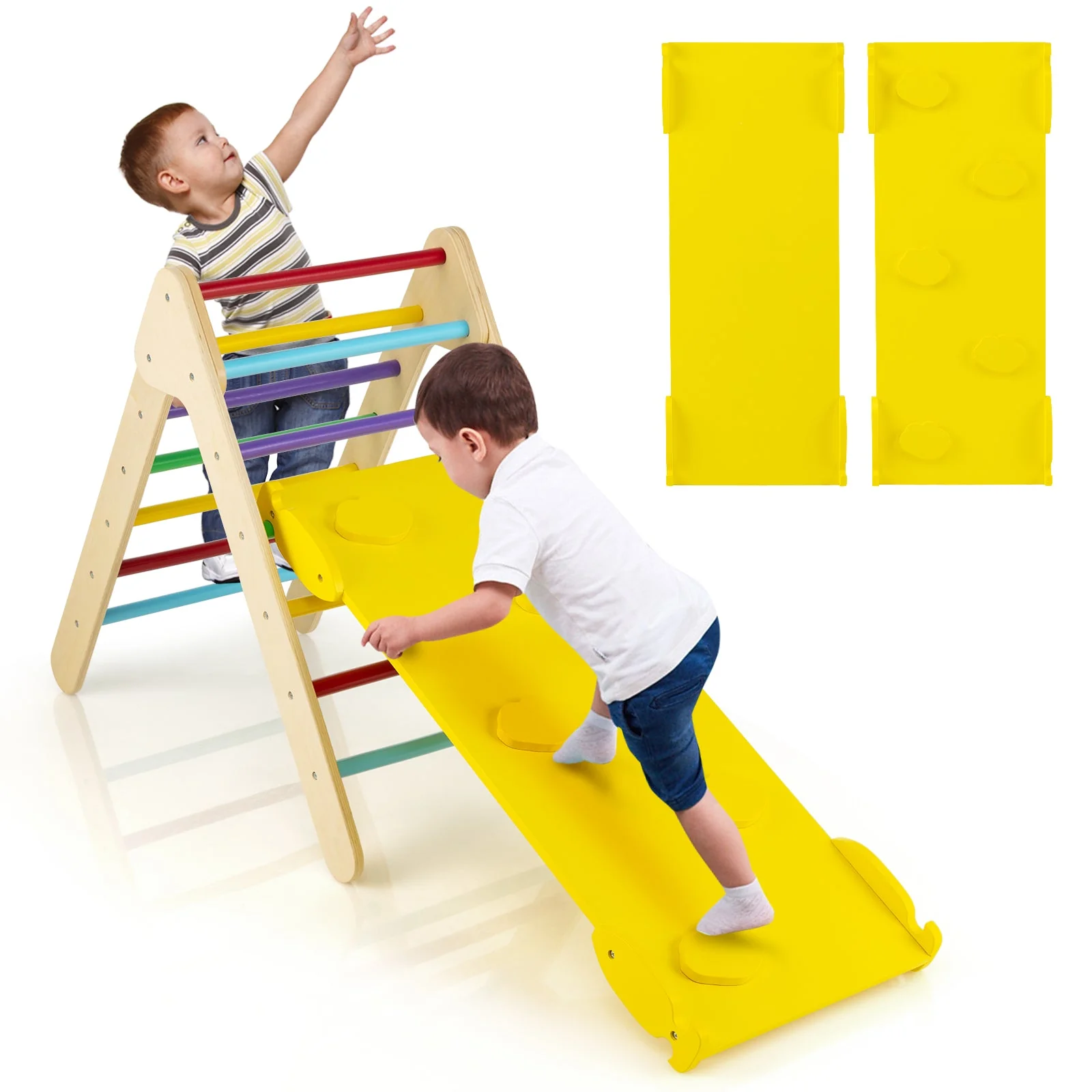 3-in-1 Wooden Climbing Triangle Set Triangle Climber with Ramp-Multicolor - Image 4