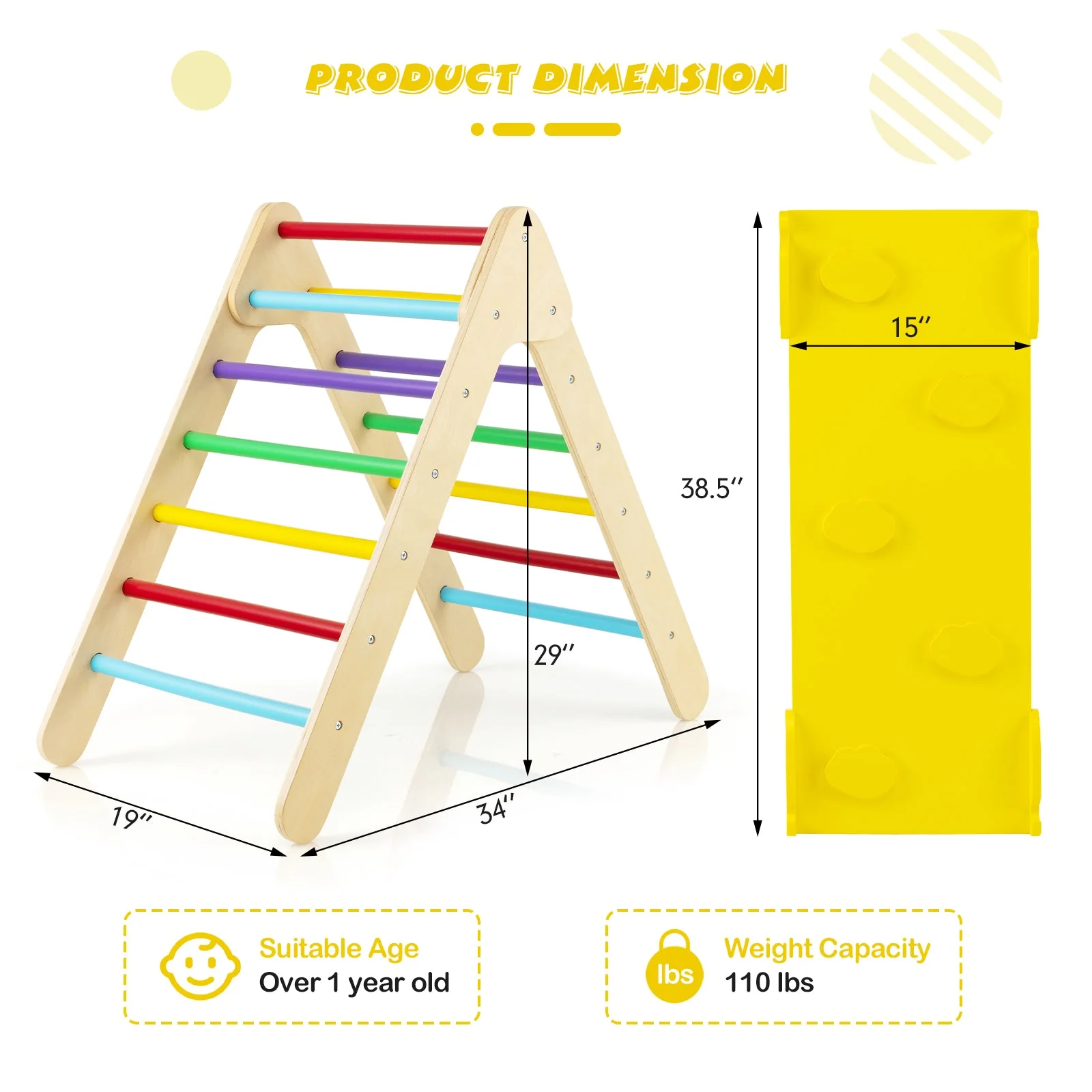 3-in-1 Wooden Climbing Triangle Set Triangle Climber with Ramp-Multicolor - Image 5