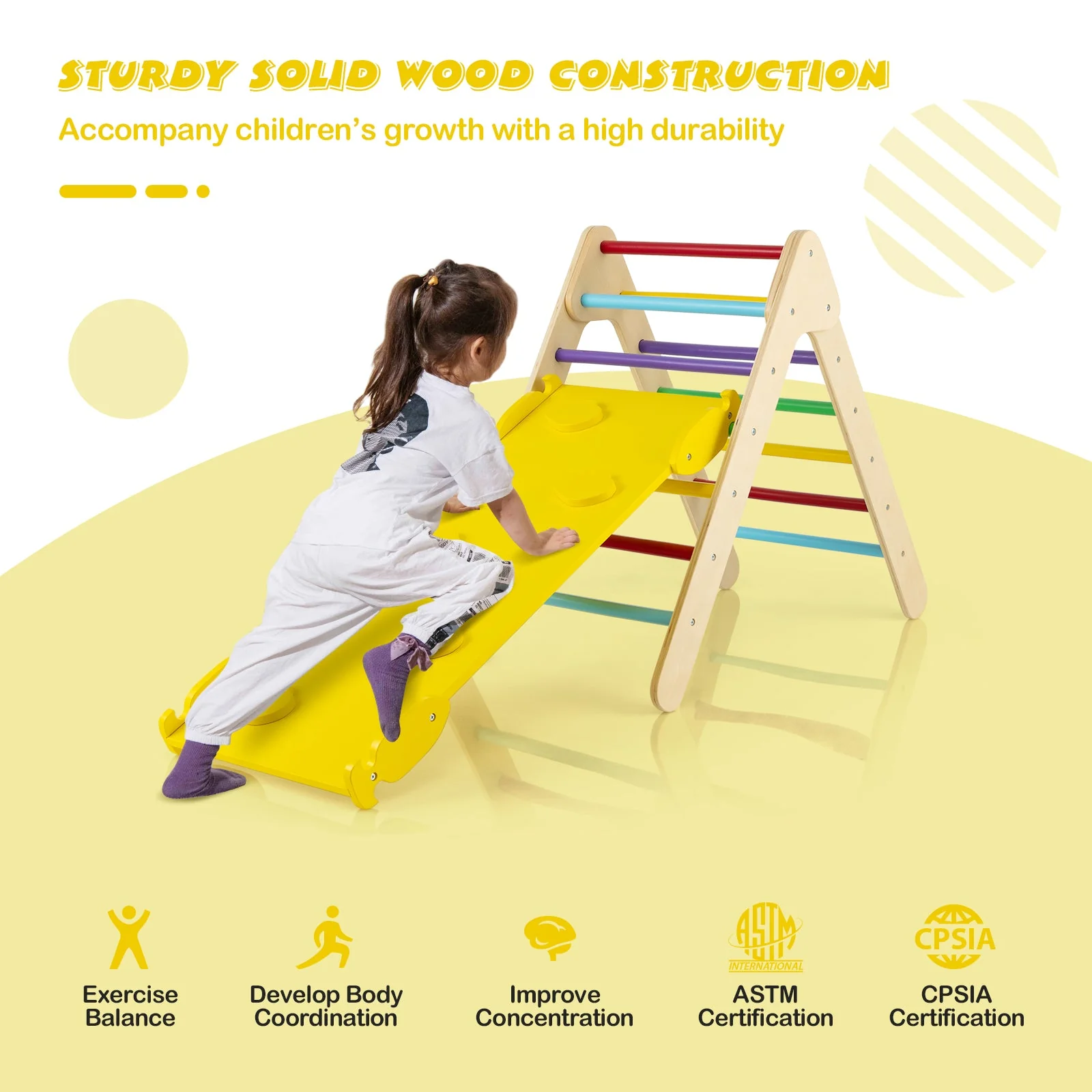 3-in-1 Wooden Climbing Triangle Set Triangle Climber with Ramp-Multicolor - Image 6