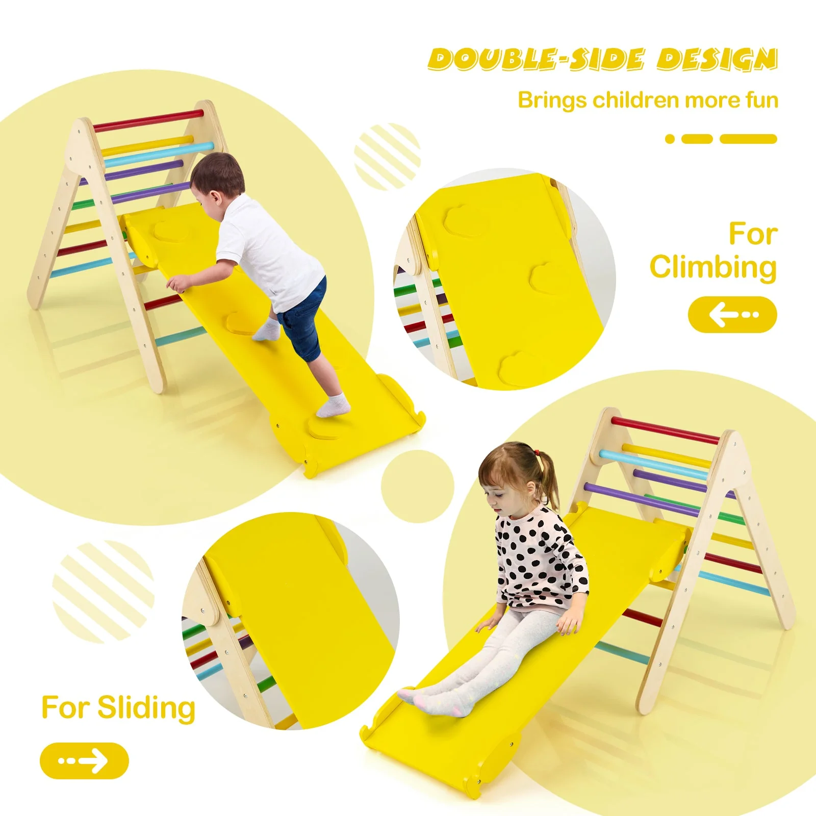 3-in-1 Wooden Climbing Triangle Set Triangle Climber with Ramp-Multicolor - Image 7
