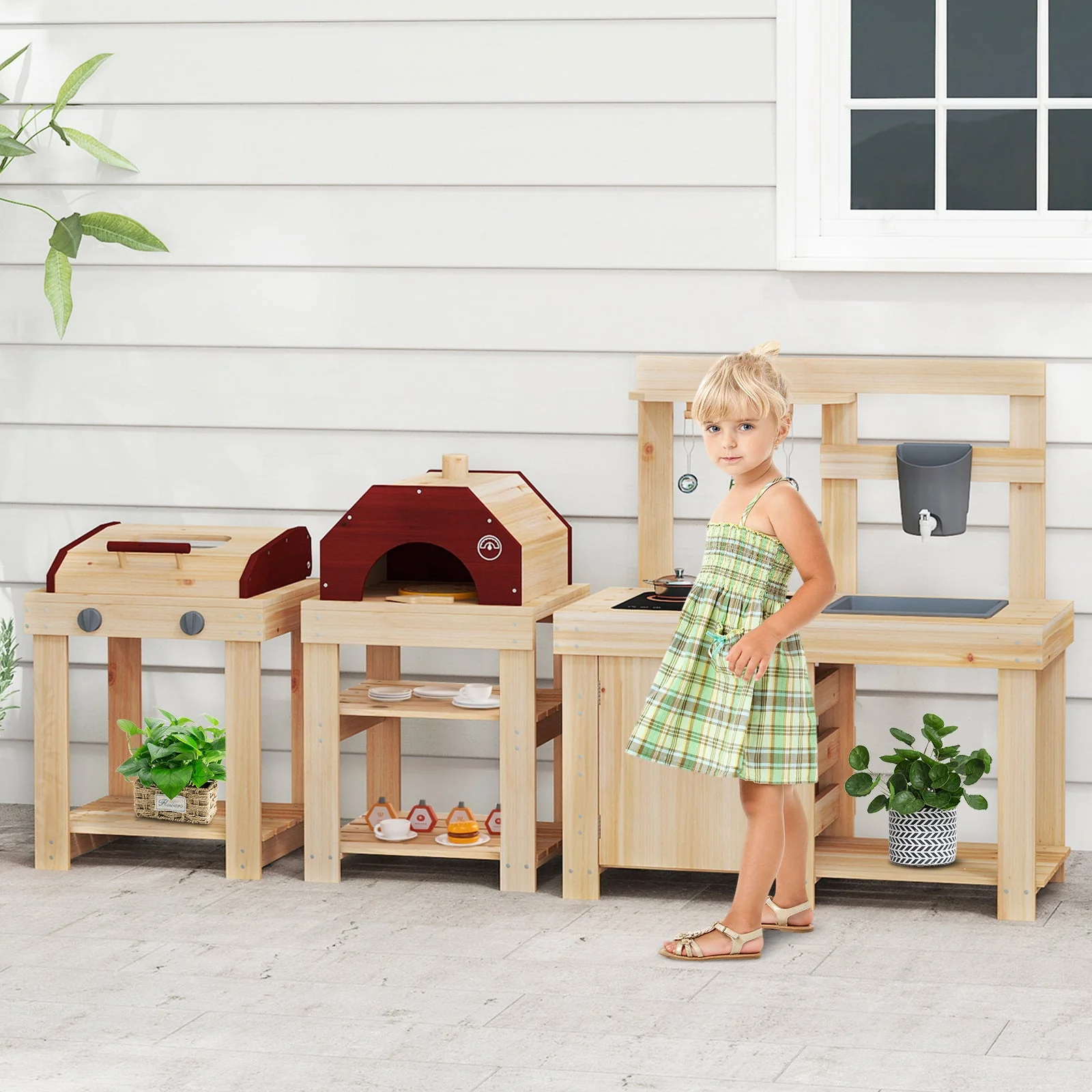 3-Piece Outdoor Kitchen Set Mud Kitchen with Separate BBQ Grill and Pizza Oven-Natural - Image 2