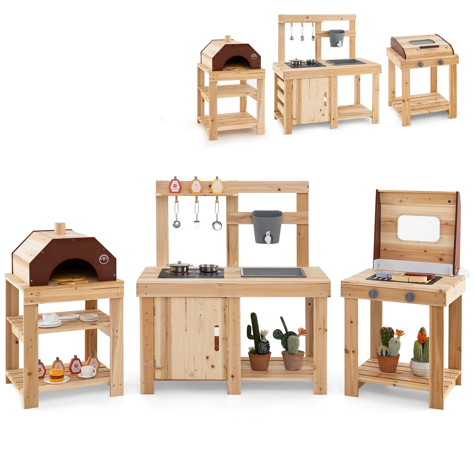 3-Piece Outdoor Kitchen Set Mud Kitchen with Separate BBQ Grill and Pizza Oven-Natural - Image 3