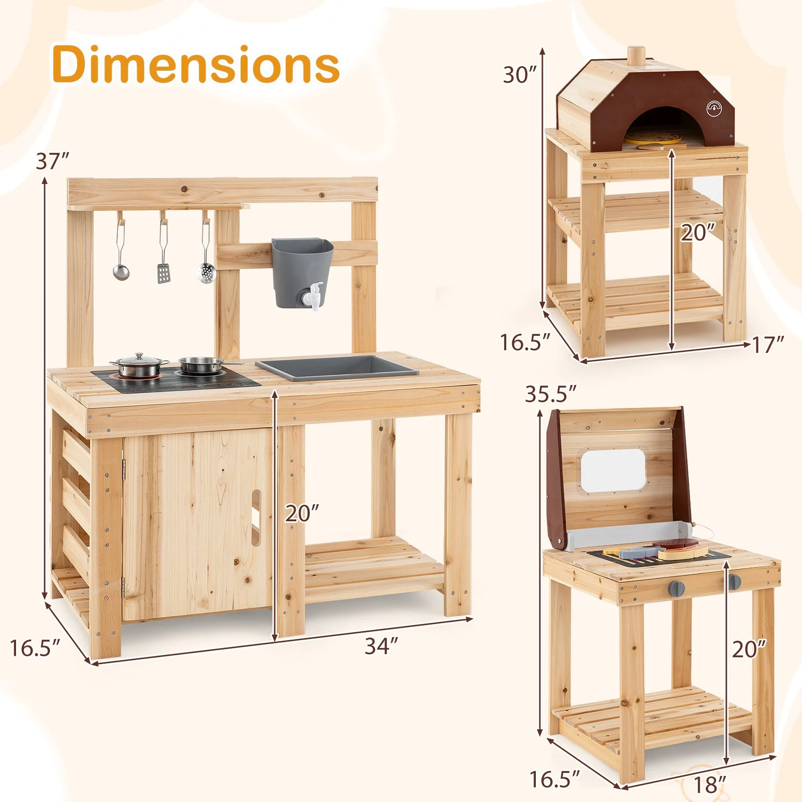 3-Piece Outdoor Kitchen Set Mud Kitchen with Separate BBQ Grill and Pizza Oven-Natural - Image 4