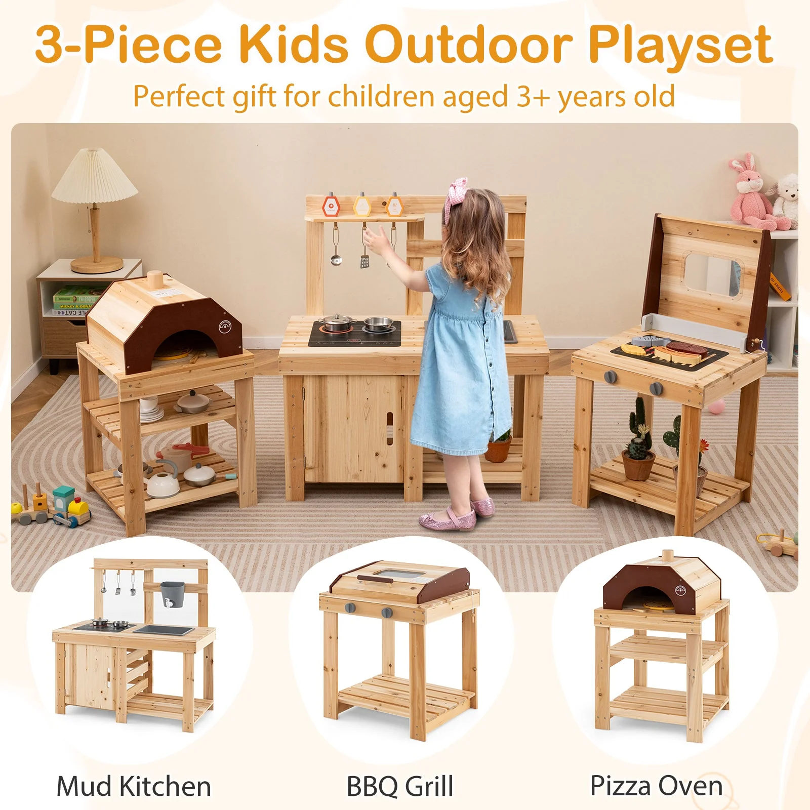 3-Piece Outdoor Kitchen Set Mud Kitchen with Separate BBQ Grill and Pizza Oven-Natural - Image 5