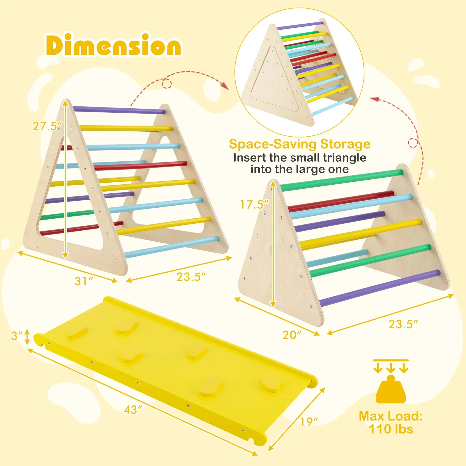 3 Piece Toddler Triangle Set Montessori with 2 Climbing Triangles and 1 Ramp-Colorful - Image 5