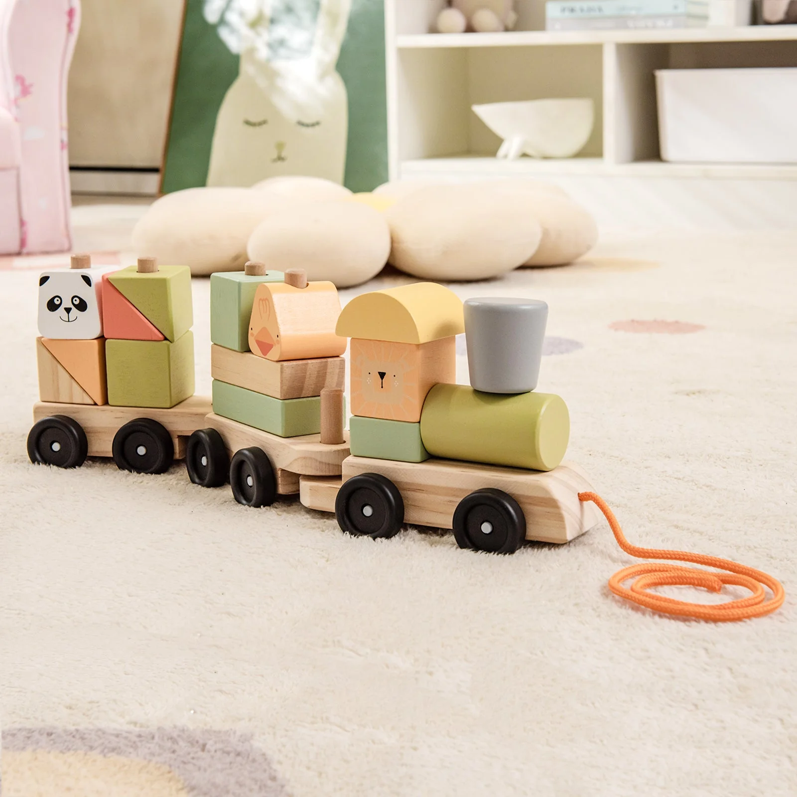 3-Section Toy Wooden Train Set with Stackable Building Blocks - Image 2