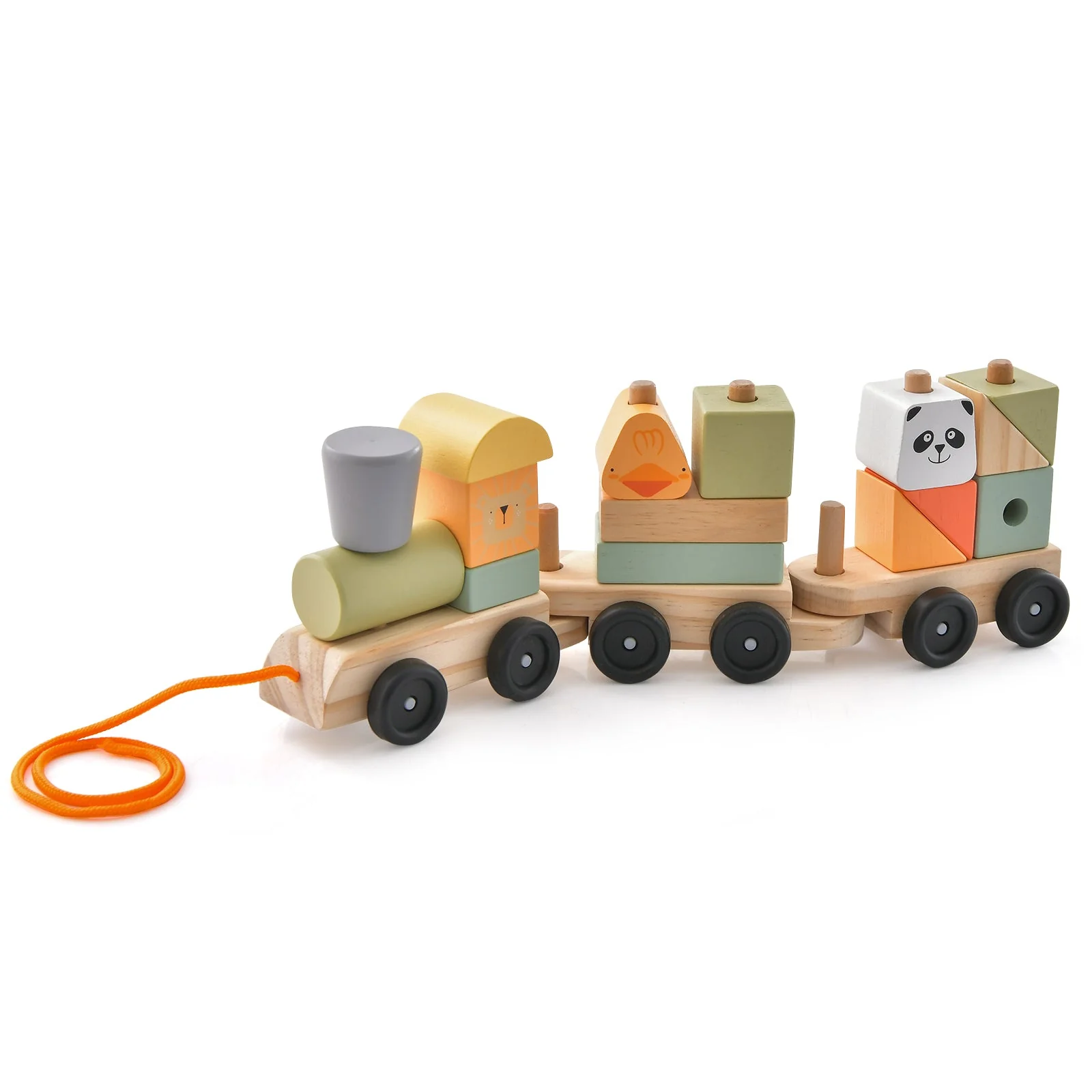 3-Section Toy Wooden Train Set with Stackable Building Blocks - Image 3
