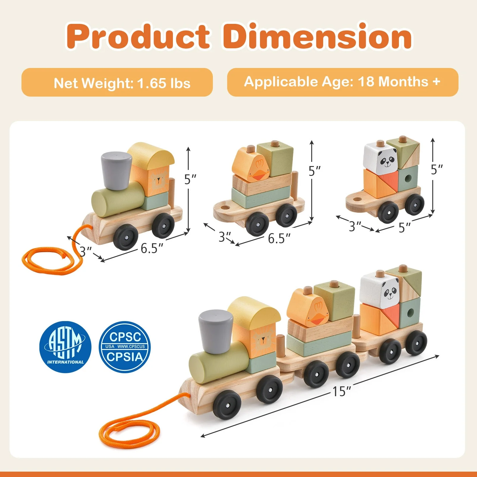 3-Section Toy Wooden Train Set with Stackable Building Blocks - Image 4