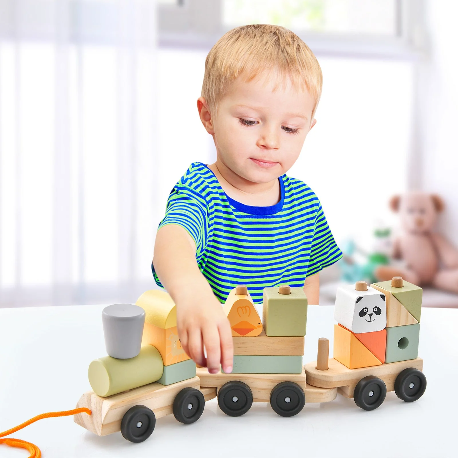3-Section Toy Wooden Train Set with Stackable Building Blocks - Image 5