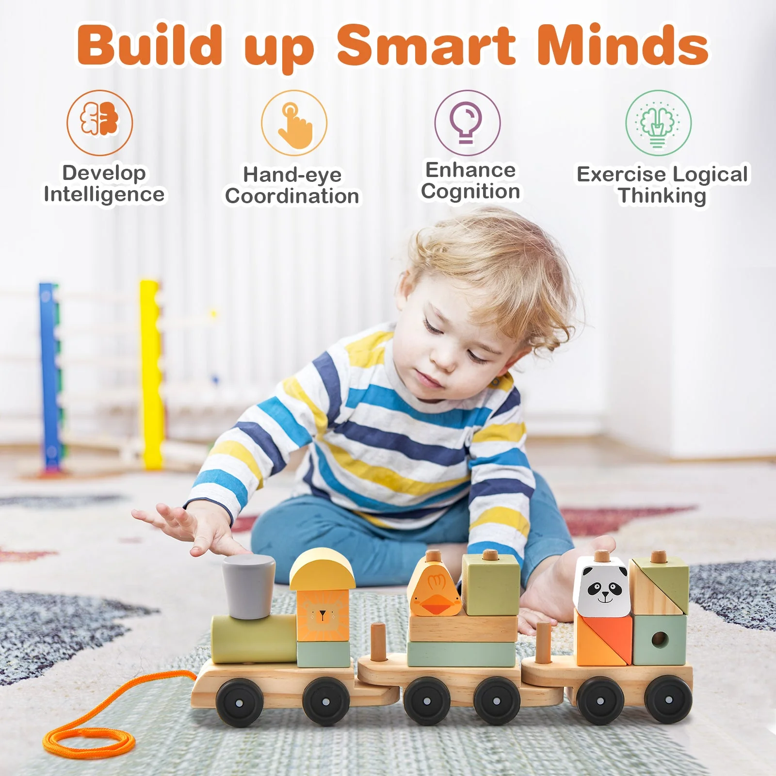 3-Section Toy Wooden Train Set with Stackable Building Blocks - Image 6